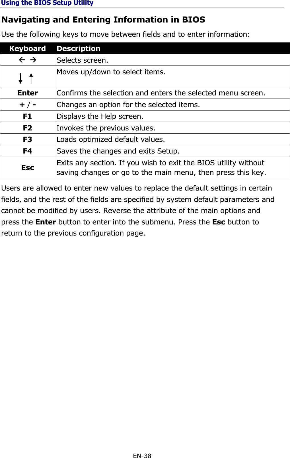 Using the BIOS Setup UtilityEN-38 Navigating and Entering Information in BIOS Use the following keys to move between fields and to enter information: Keyboard DescriptionÅ Æ Selects screen. Moves up/down to select items. Enter Confirms the selection and enters the selected menu screen. +/ -  Changes an option for the selected items. F1 Displays the Help screen. F2 Invokes the previous values. F3 Loads optimized default values. F4 Saves the changes and exits Setup. Esc  Exits any section. If you wish to exit the BIOS utility without saving changes or go to the main menu, then press this key. Users are allowed to enter new values to replace the default settings in certain fields, and the rest of the fields are specified by system default parameters and cannot be modified by users. Reverse the attribute of the main options and press the Enter button to enter into the submenu. Press the Esc button to return to the previous configuration page. 