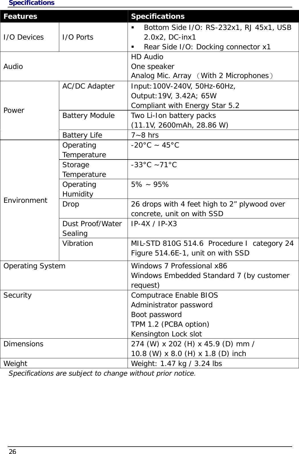 Specifications 26                                       Features  Specifications I/O Devices  I/O Ports  Bottom Side I/O: RS-232x1, RJ 45x1, USB 2.0x2, DC-inx1  Rear Side I/O: Docking connector x1 Audio   HD Audio  One speaker Analog Mic. Array （With 2 Microphones） AC/DC Adapter  Input:100V-240V, 50Hz-60Hz, Output:19V, 3.42A; 65W Compliant with Energy Star 5.2 Battery Module  Two Li-Ion battery packs  (11.1V, 2600mAh, 28.86 W)  Power Battery Life  7~8 hrs Operating Temperature  -20°C ~ 45°C Storage Temperature  -33°C ~71°C   Operating Humidity  5% ~ 95%  Drop   26 drops with 4 feet high to 2” plywood over concrete, unit on with SSD Dust Proof/Water Sealing  IP-4X / IP-X3 Environment Vibration  MIL-STD 810G 514.6  Procedure I  category 24  Figure 514.6E-1, unit on with SSD  Operating System  Windows 7 Professional x86 Windows Embedded Standard 7 (by customer request) Security Computrace Enable BIOS Administrator password Boot password TPM 1.2 (PCBA option) Kensington Lock slot Dimensions  274 (W) x 202 (H) x 45.9 (D) mm /  10.8 (W) x 8.0 (H) x 1.8 (D) inch Weight  Weight: 1.47 kg / 3.24 lbs Specifications are subject to change without prior notice.  