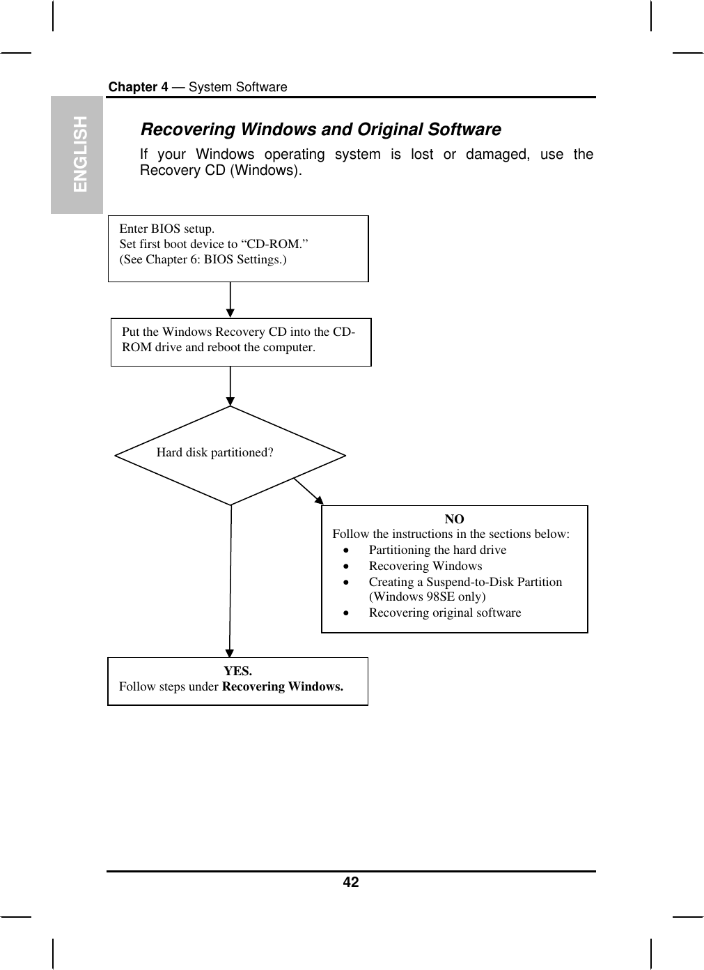 ENGLISHChapter 4 — System SoftwareRecovering Windows and Original Software If your Windows operating system is lost or damaged, use theRecovery CD (Windows).Enter BIOS setup.Set first boot device to “CD-ROM.” (See Chapter 6: BIOS Settings.)Put the Windows Recovery CD into the CD-ROM drive and reboot the computer. NOFollow the instructions in the sections below:xPartitioning the hard drivexRecovering WindowsxCreating a Suspend-to-Disk Partition (Windows 98SE only)xRecovering original softwareYES.Follow steps under Recovering Windows.Hard disk partitioned?42