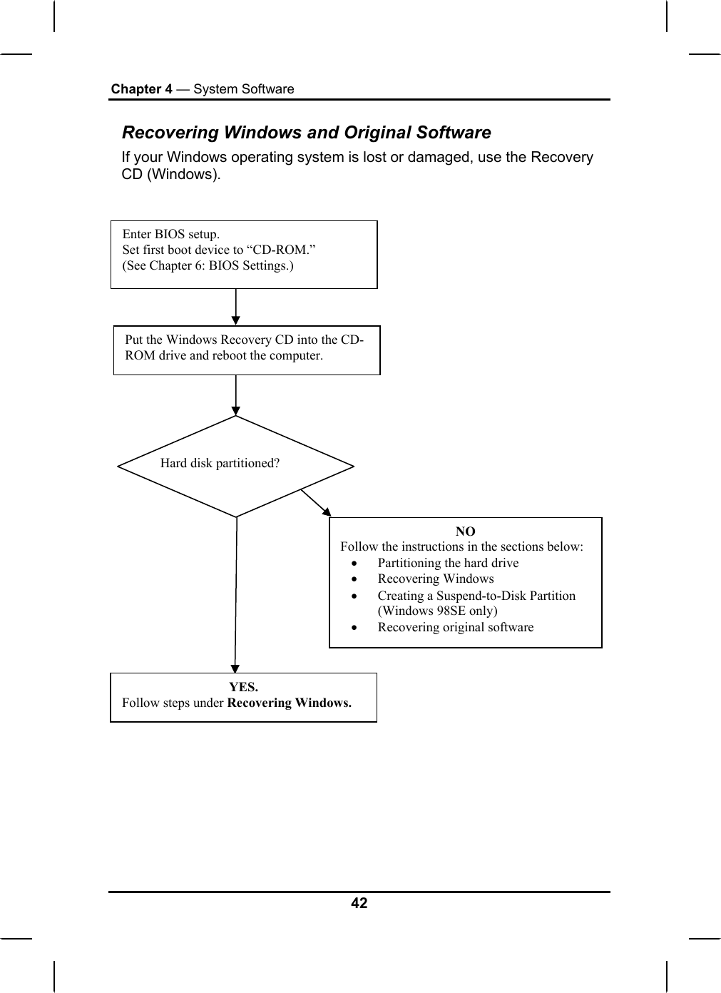 Chapter 4 — System Software Recovering Windows and Original Software If your Windows operating system is lost or damaged, use the Recovery CD (Windows).   Enter BIOS setup. Set first boot device to “CD-ROM.” (See Chapter 6: BIOS Settings.) Put the Windows Recovery CD into the CD-ROM drive and reboot the computer. NO Follow the instructions in the sections below: • Partitioning the hard drive • Recovering Windows • Creating a Suspend-to-Disk Partition (Windows 98SE only) • Recovering original software YES. Follow steps under Recovering Windows. Hard disk partitioned? 42 