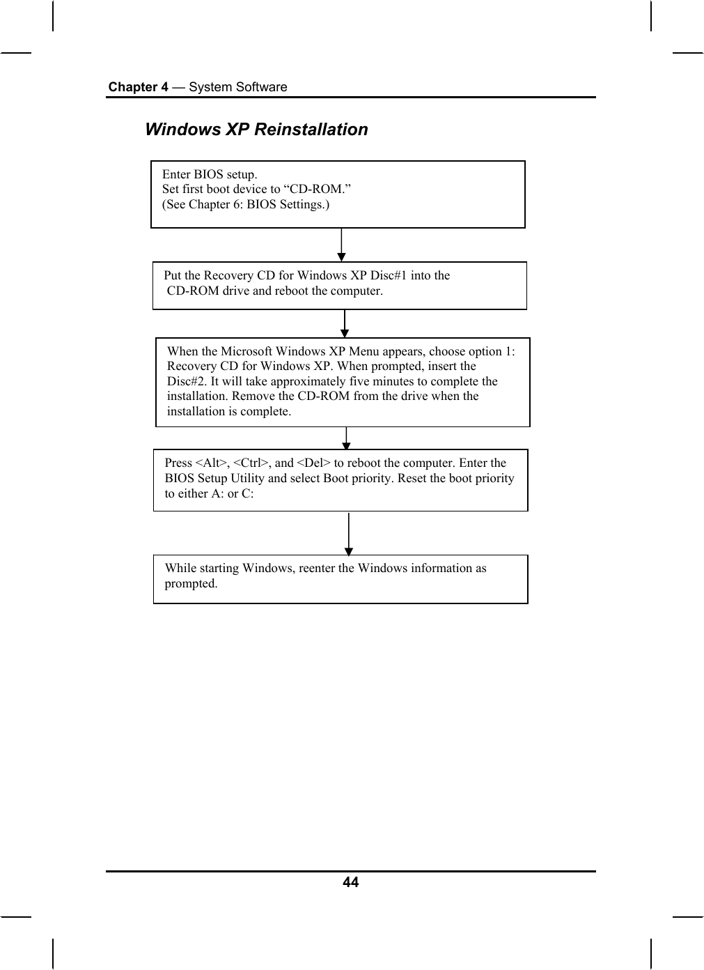 Chapter 4 — System Software  Windows XP Reinstallation  Enter BIOS setup. Set first boot device to “CD-ROM.” (See Chapter 6: BIOS Settings.)  Put the Recovery CD for Windows XP Disc#1 into the  CD-ROM drive and reboot the computer. Press &lt;Alt&gt;, &lt;Ctrl&gt;, and &lt;Del&gt; to reboot the computer. Enter the BIOS Setup Utility and select Boot priority. Reset the boot priority to either A: or C: When the Microsoft Windows XP Menu appears, choose option 1: Recovery CD for Windows XP. When prompted, insert the Disc#2. It will take approximately five minutes to complete the installation. Remove the CD-ROM from the drive when the installation is complete. While starting Windows, reenter the Windows information as prompted. 44 