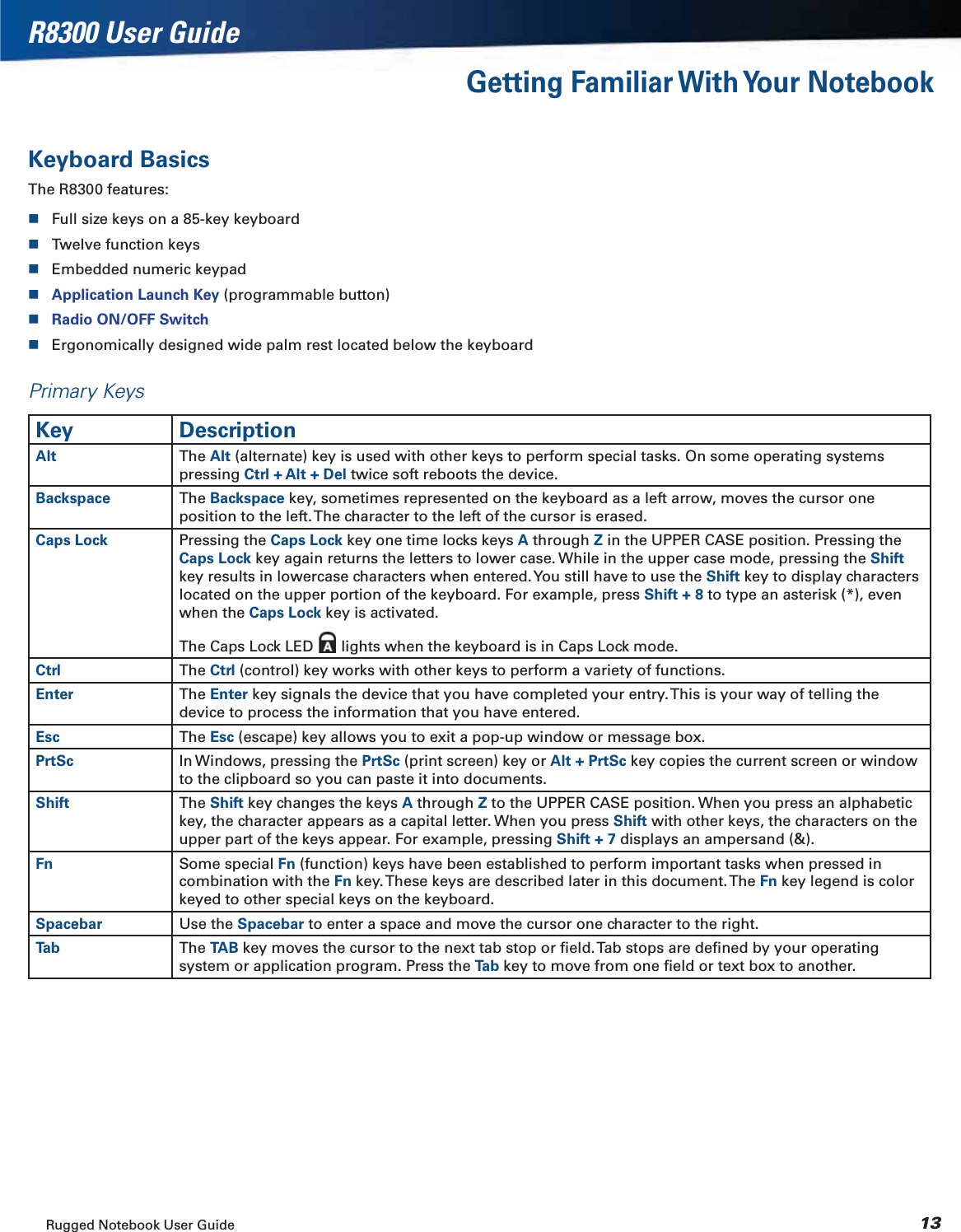 Rugged Notebook User Guide 13R8300 User GuideGetting Familiar With Your NotebookKeyboard BasicsThe R8300 features:Full size keys on a 85-key keyboardTwelve function keysEmbedded numeric keypadApplication Launch Key (programmable button)Radio ON/OFF SwitchErgonomically designed wide palm rest located below the keyboardPrimary KeysKey DescriptionAlt The Alt (alternate) key is used with other keys to perform special tasks. On some operating systems pressing Ctrl + Alt + Del twice soft reboots the device.Backspace The Backspace key, sometimes represented on the keyboard as a left arrow, moves the cursor one position to the left. The character to the left of the cursor is erased.Caps Lock Pressing the Caps Lock key one time locks keys A through Z in the UPPER CASE position. Pressing the Caps Lock key again returns the letters to lower case. While in the upper case mode, pressing the Shiftkey results in lowercase characters when entered. You still have to use the Shift key to display characters located on the upper portion of the keyboard. For example, press Shift + 8 to type an asterisk (*), even when the Caps Lock key is activated.The Caps Lock LED   lights when the keyboard is in Caps Lock mode.Ctrl The Ctrl (control) key works with other keys to perform a variety of functions.Enter The Enter key signals the device that you have completed your entry. This is your way of telling the device to process the information that you have entered.Esc The Esc (escape) key allows you to exit a pop-up window or message box.PrtSc In Windows, pressing the PrtSc (print screen) key or Alt + PrtSc key copies the current screen or window to the clipboard so you can paste it into documents.Shift The Shift key changes the keys A through Z to the UPPER CASE position. When you press an alphabetic key, the character appears as a capital letter. When you press Shift with other keys, the characters on the upper part of the keys appear. For example, pressing Shift + 7 displays an ampersand (&amp;).Fn Some special Fn (function) keys have been established to perform important tasks when pressed in combination with the Fn key. These keys are described later in this document. The Fn key legend is color keyed to other special keys on the keyboard.Spacebar Use the Spacebar to enter a space and move the cursor one character to the right.Ta b The TAB key moves the cursor to the next tab stop or ﬁeld. Tab stops are deﬁned by your operating system or application program. Press the Ta b  key to move from one ﬁeld or text box to another.