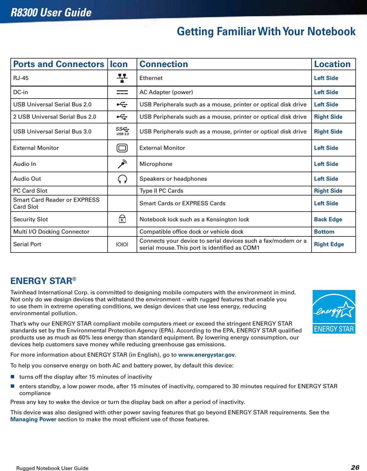 Rugged Notebook User Guide 26R8300 User GuideGetting Familiar With Your NotebookPorts and Connectors Icon Connection LocationRJ-45 Ethernet Left SideDC-in AC Adapter (power) Left SideUSB Universal Serial Bus 2.0 USB Peripherals such as a mouse, printer or optical disk drive Left Side2 USB Universal Serial Bus 2.0 USB Peripherals such as a mouse, printer or optical disk drive Right SideUSB Universal Serial Bus 3.0ssUSB 3.0 USB Peripherals such as a mouse, printer or optical disk drive Right SideExternal Monitor External Monitor Left SideAudio In Microphone Left SideAudio Out Speakers or headphones Left SidePC Card Slot Type II PC Cards Right SideSmart Card Reader or EXPRESS Card Slot Smart Cards or EXPRESS Cards Left SideSecurity Slot Notebook lock such as a Kensington lock Back EdgeMulti I/O Docking Connector Compatible ofﬁce dock or vehicle dock BottomSerial Port Connects your device to serial devices such a fax/modem or a serial mouse. This port is identiﬁed as COM1 Right EdgeENERGY STAR®Twinhead International Corp. is committed to designing mobile computers with the environment in mind. Not only do we design devices that withstand the environment – with rugged features that enable you to use them in extreme operating conditions, we design devices that use less energy, reducing environmental pollution.That’s why our ENERGY STAR compliant mobile computers meet or exceed the stringent ENERGY STAR standards set by the Environmental Protection Agency (EPA). According to the EPA, ENERGY STAR qualiﬁed products use as much as 60% less energy than standard equipment. By lowering energy consumption, our devices help customers save money while reducing greenhouse gas emissions.For more information about ENERGY STAR (in English), go to www.energystar.gov.To help you conserve energy on both AC and battery power, by default this device:turns off the display after 15 minutes of inactivityenters standby, a low power mode, after 15 minutes of inactivity, compared to 30 minutes required for ENERGY STAR compliancePress any key to wake the device or turn the display back on after a period of inactivity.This device was also designed with other power saving features that go beyond ENERGY STAR requirements. See the Managing Power section to make the most efﬁcient use of those features.