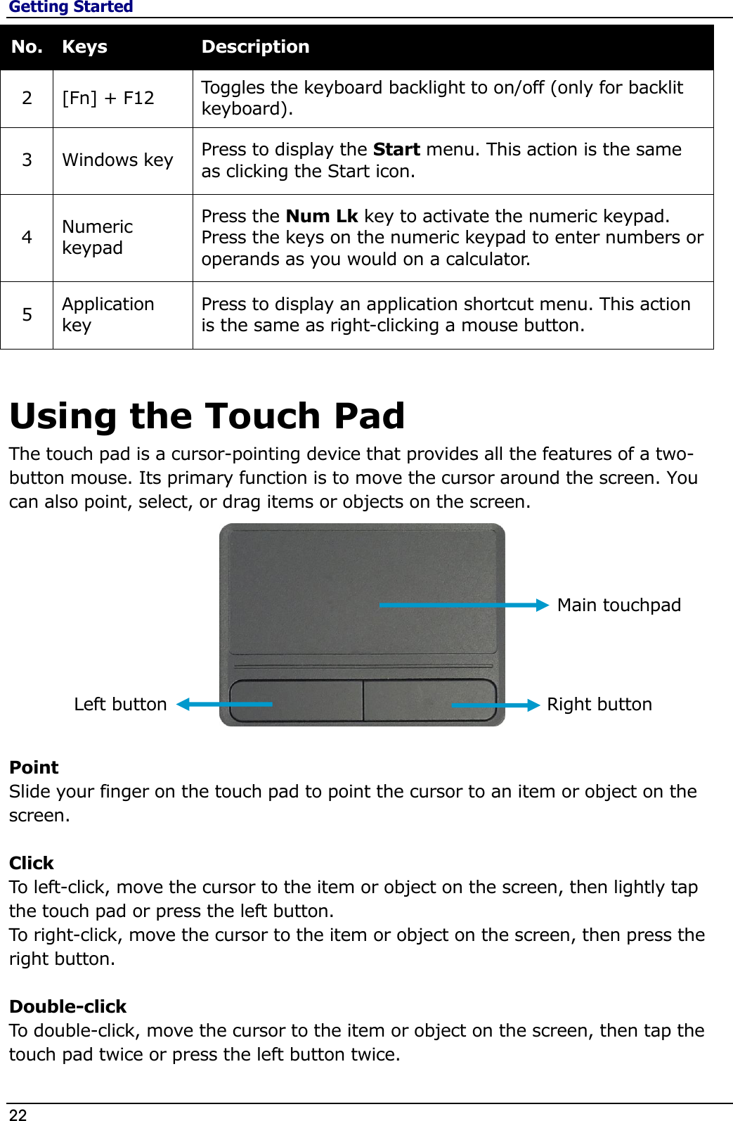 Getting Started 22                                                                                              No. Keys Description 2 [Fn] + F12 Toggles the keyboard backlight to on/off (only for backlit keyboard). 3 Windows key Press to display the Start menu. This action is the same as clicking the Start icon. 4 Numeric keypad Press the Num Lk key to activate the numeric keypad. Press the keys on the numeric keypad to enter numbers or operands as you would on a calculator. 5 Application key Press to display an application shortcut menu. This action is the same as right-clicking a mouse button.  Using the Touch Pad The touch pad is a cursor-pointing device that provides all the features of a two-button mouse. Its primary function is to move the cursor around the screen. You can also point, select, or drag items or objects on the screen.                                           Point Slide your finger on the touch pad to point the cursor to an item or object on the screen.  Click To left-click, move the cursor to the item or object on the screen, then lightly tap the touch pad or press the left button. To right-click, move the cursor to the item or object on the screen, then press the right button.  Double-click To double-click, move the cursor to the item or object on the screen, then tap the touch pad twice or press the left button twice. Main touchpad Right button Left button 