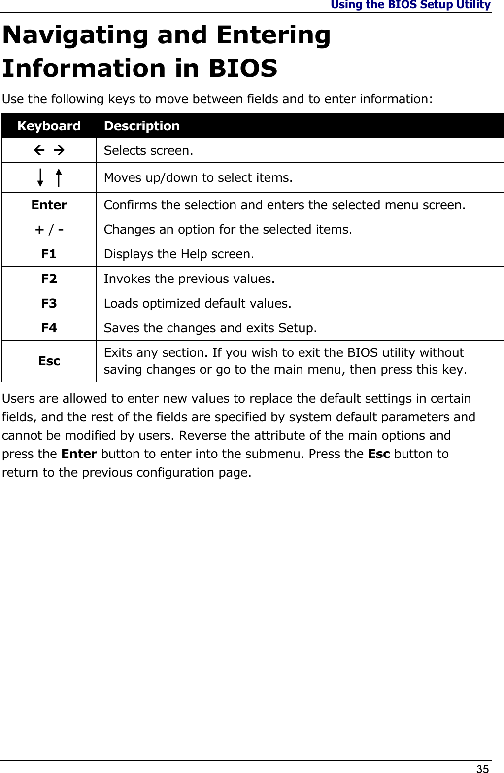 Using the BIOS Setup Utility                   35  Navigating and Entering Information in BIOS Use the following keys to move between fields and to enter information: Keyboard Description    Selects screen.  Moves up/down to select items. Enter Confirms the selection and enters the selected menu screen. + / - Changes an option for the selected items. F1 Displays the Help screen. F2 Invokes the previous values. F3 Loads optimized default values. F4 Saves the changes and exits Setup. Esc Exits any section. If you wish to exit the BIOS utility without saving changes or go to the main menu, then press this key. Users are allowed to enter new values to replace the default settings in certain fields, and the rest of the fields are specified by system default parameters and cannot be modified by users. Reverse the attribute of the main options and press the Enter button to enter into the submenu. Press the Esc button to return to the previous configuration page.                