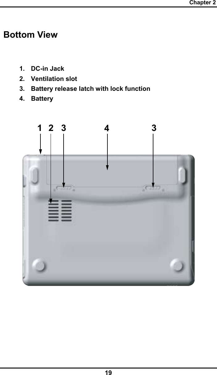 Chapter 2 19  Bottom View   1. DC-in Jack 2. Ventilation slot 3.  Battery release latch with lock function 4. Battery   12 3 34 