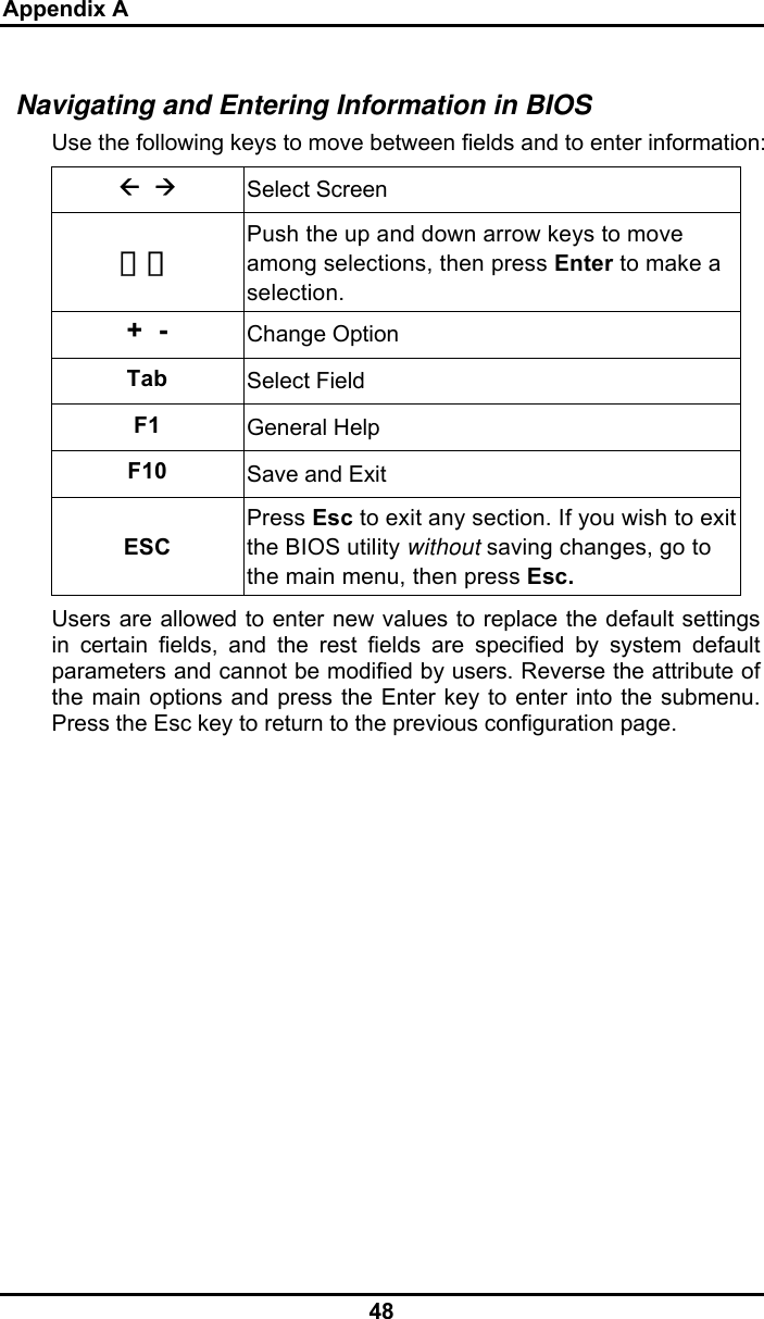 Appendix A 48 Navigating and Entering Information in BIOS Use the following keys to move between fields and to enter information: Å  Æ Select Screen 　　 Push the up and down arrow keys to move among selections, then press Enter to make a selection. +  -  Change Option Tab  Select Field F1  General Help F10  Save and Exit ESC Press Esc to exit any section. If you wish to exit the BIOS utility without saving changes, go to the main menu, then press Esc. Users are allowed to enter new values to replace the default settings in certain fields, and the rest fields are specified by system default parameters and cannot be modified by users. Reverse the attribute of the main options and press the Enter key to enter into the submenu. Press the Esc key to return to the previous configuration page. 