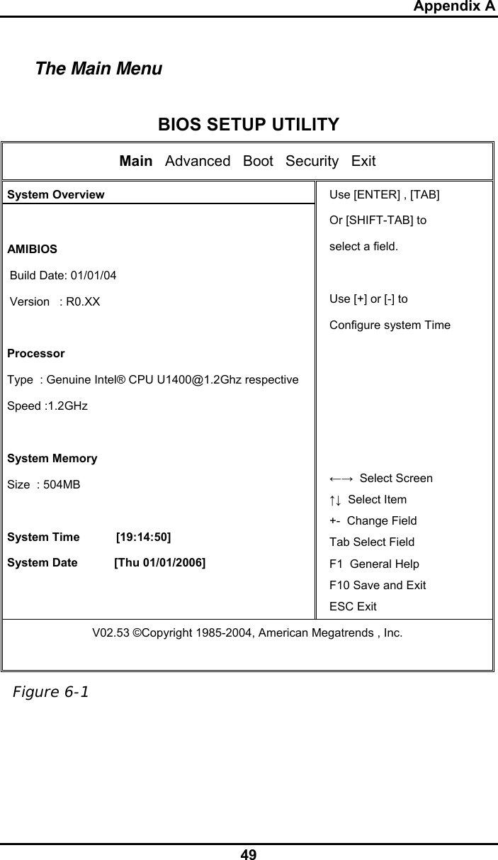 Appendix A 49 The Main Menu  BIOS SETUP UTILITY Main   Advanced   Boot   Security   Exit  System Overview   AMIBIOS Build Date: 01/01/04 Version   : R0.XX   Processor  Type  : Genuine Intel® CPU U1400@1.2Ghz respective  Speed :1.2GHz    System Memory  Size  : 504MB   System Time           [19:14:50]  System Date           [Thu 01/01/2006] Use [ENTER] , [TAB] Or [SHIFT-TAB] to  select a field.  Use [+] or [-] to Configure system Time      ←→  Select Screen ↑↓  Select Item +-  Change Field Tab Select Field F1  General Help F10 Save and Exit ESC Exit V02.53 ©Copyright 1985-2004, American Megatrends , Inc.   Figure 6-1 