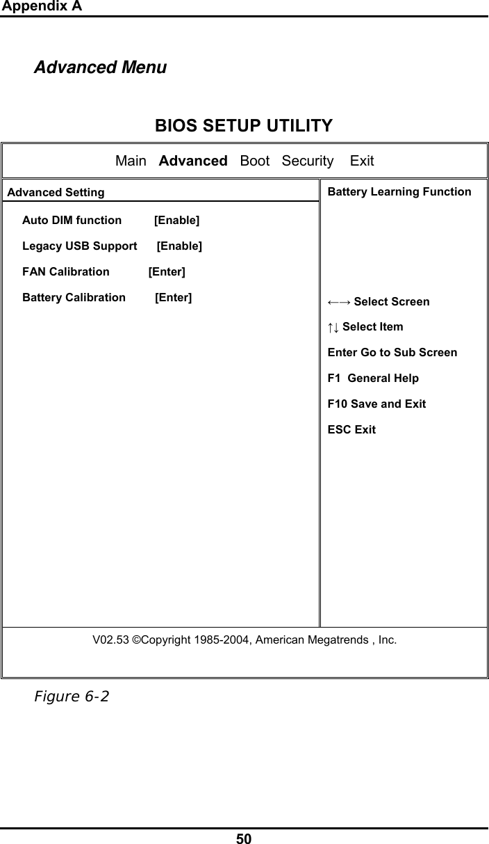 Appendix A 50 Advanced Menu  BIOS SETUP UTILITY Main   Advanced   Boot   Security    Exit  Advanced Setting Auto DIM function          [Enable] Legacy USB Support      [Enable] FAN Calibration            [Enter] Battery Calibration         [Enter]  Battery Learning Function    ←→ Select Screen ↑↓ Select Item  Enter Go to Sub Screen F1  General Help F10 Save and Exit ESC Exit V02.53 ©Copyright 1985-2004, American Megatrends , Inc.   Figure 6-2 