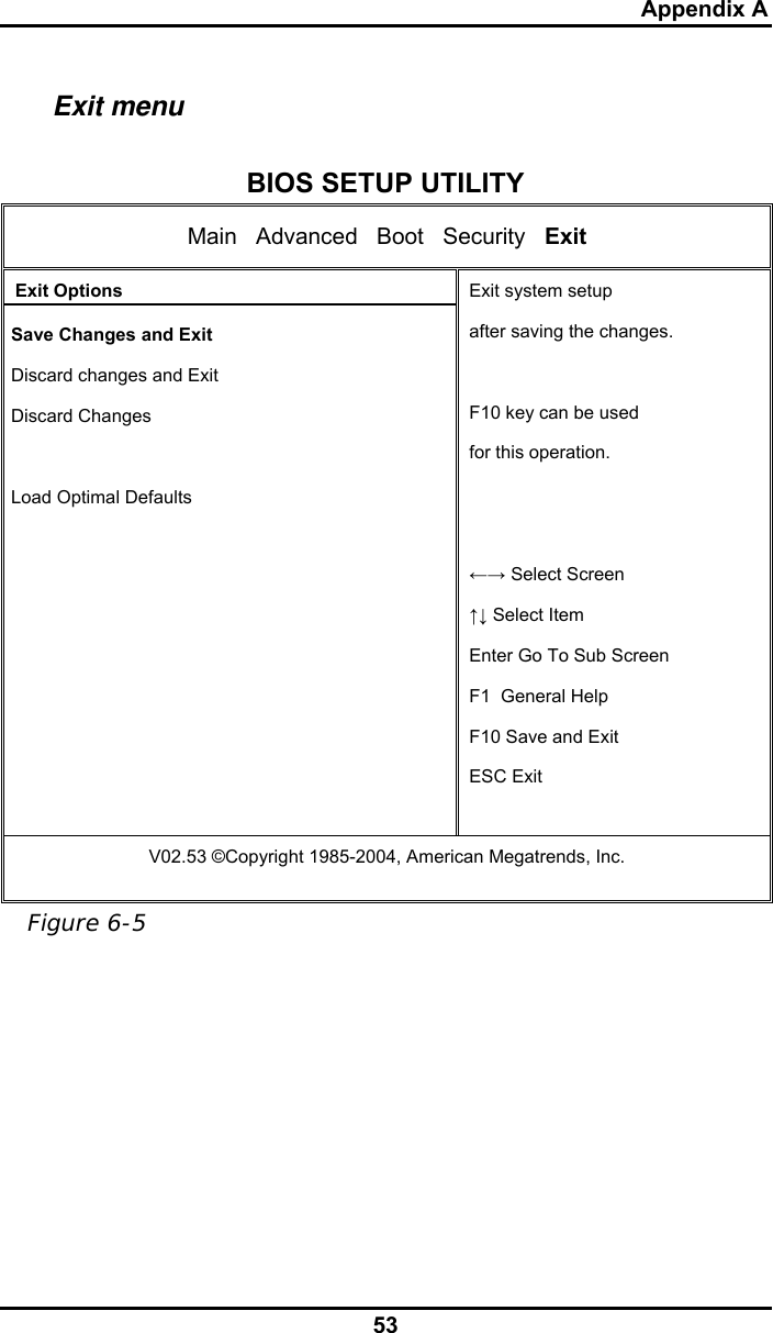 Appendix A 53 Exit menu  BIOS SETUP UTILITY Main   Advanced   Boot   Security   Exit Exit Options  Save Changes and Exit  Discard changes and Exit  Discard Changes    Load Optimal Defaults  Exit system setup  after saving the changes.  F10 key can be used  for this operation.   ←→ Select Screen ↑↓ Select Item Enter Go To Sub Screen F1  General Help F10 Save and Exit ESC Exit V02.53 ©Copyright 1985-2004, American Megatrends, Inc.   Figure 6-5 