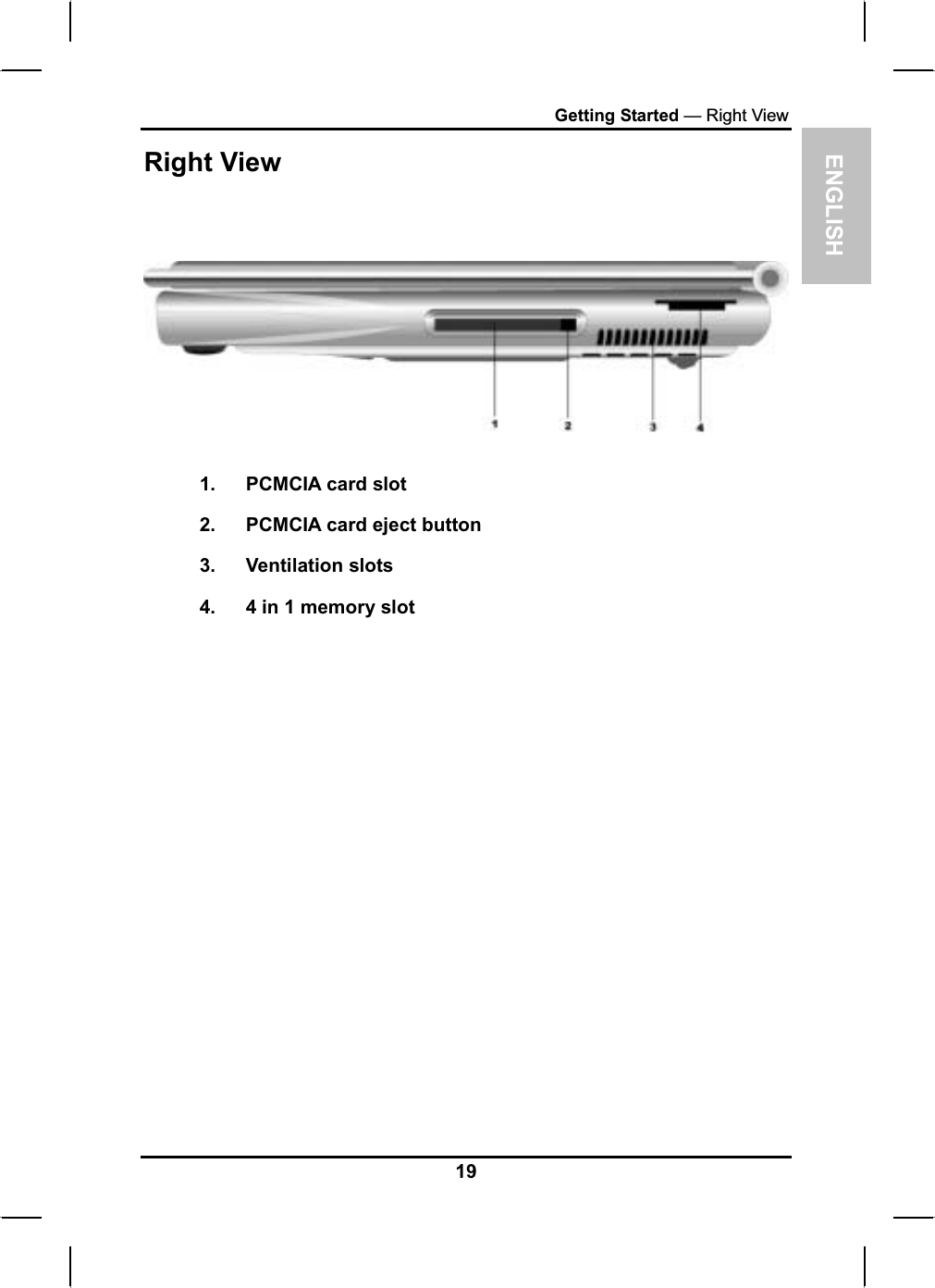 ENGLISHGetting Started — Right ViewRight View1. PCMCIA card slot 2. PCMCIA card eject button3. Ventilation slots4. 4 in 1 memory slot 19