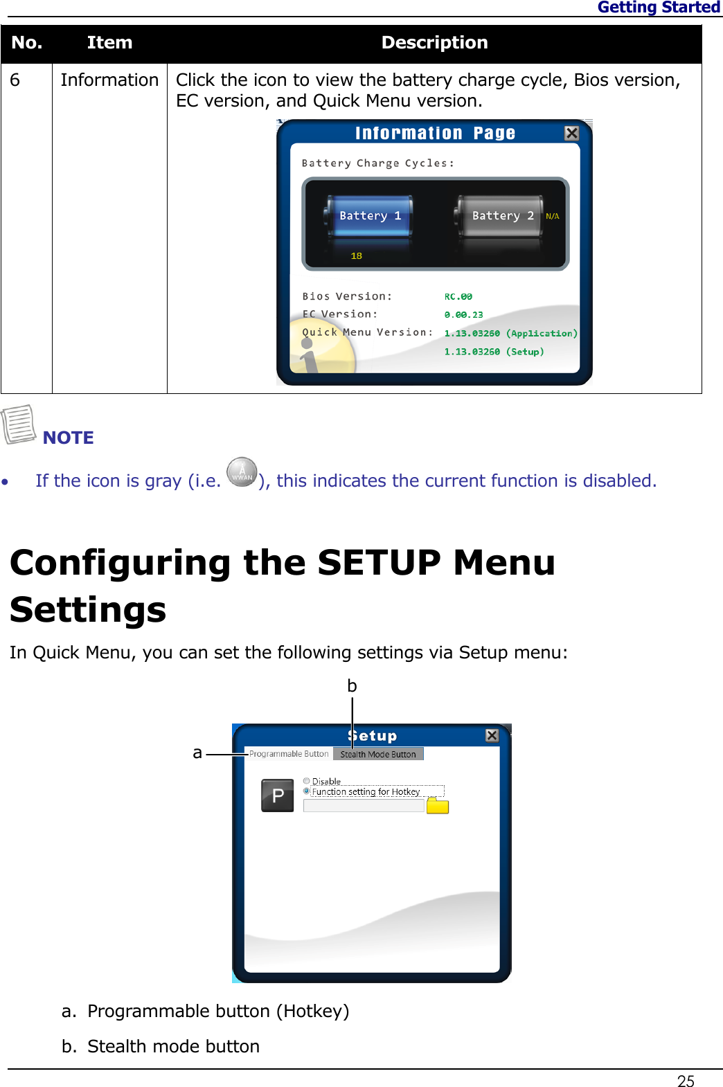 Getting Started                   25  No. Item Description 6 Information Click the icon to view the battery charge cycle, Bios version, EC version, and Quick Menu version.   NOTE  If the icon is gray (i.e.  ), this indicates the current function is disabled.  Configuring the SETUP Menu Settings In Quick Menu, you can set the following settings via Setup menu:  a b  a. Programmable button (Hotkey) b. Stealth mode button 