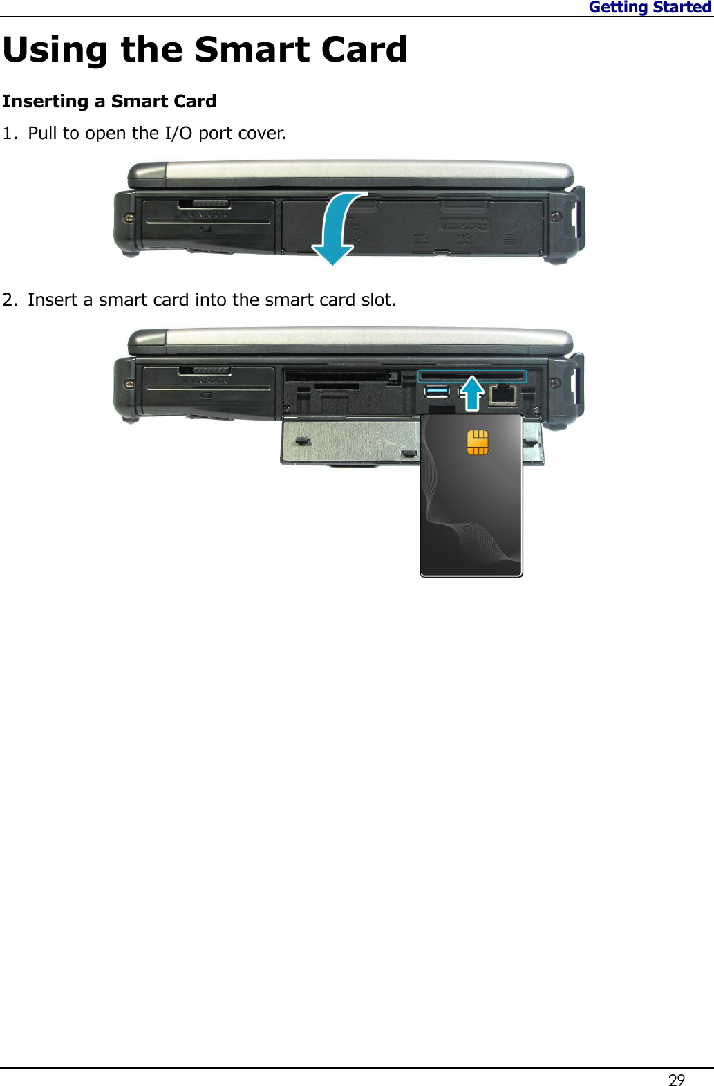 Getting Started                   29  Using the Smart Card Inserting a Smart Card 1. Pull to open the I/O port cover.  2. Insert a smart card into the smart card slot.                   