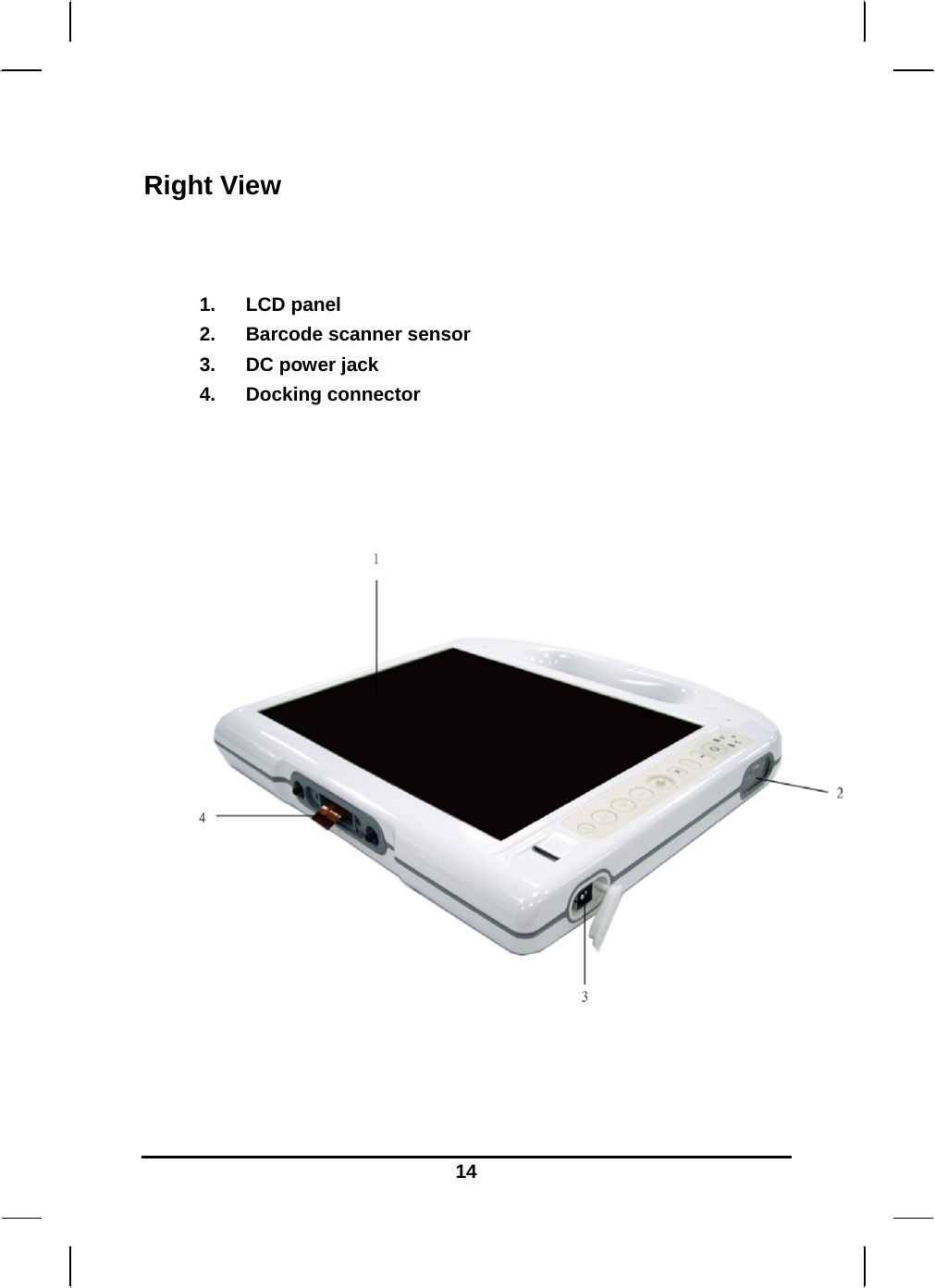   14Right View   1. LCD panel 2.  Barcode scanner sensor  3.  DC power jack 4. Docking connector         