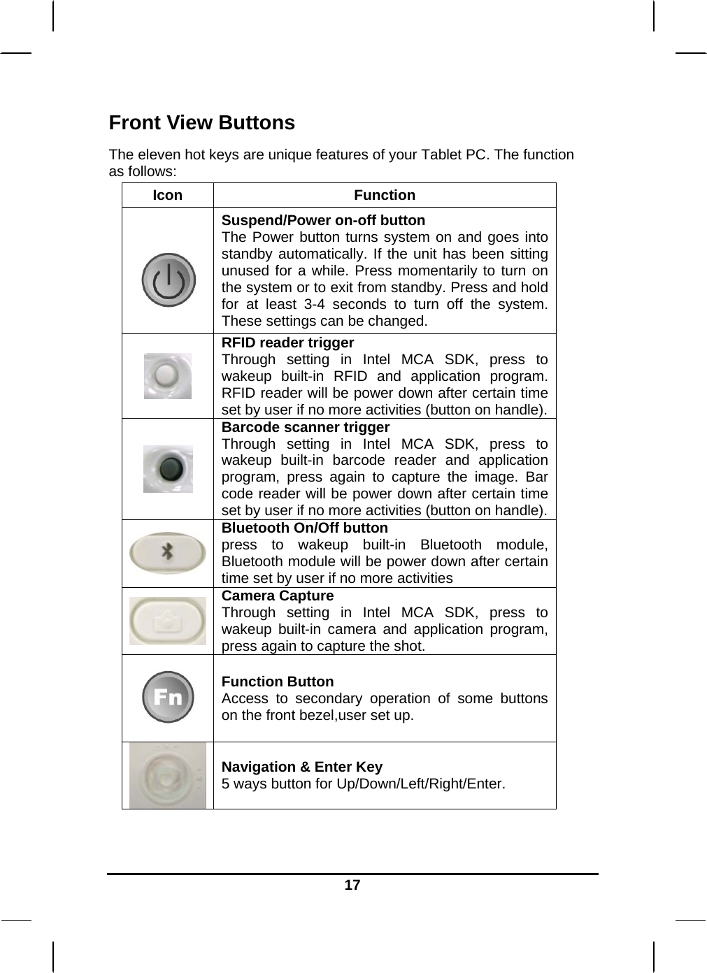   17Front View Buttons The eleven hot keys are unique features of your Tablet PC. The function   as follows: Icon Function    Suspend/Power on-off button  The Power button turns system on and goes into standby automatically. If the unit has been sitting unused for a while. Press momentarily to turn on the system or to exit from standby. Press and hold for at least 3-4 seconds to turn off the system. These settings can be changed.   RFID reader trigger Through setting in Intel MCA SDK, press to wakeup built-in RFID and application program. RFID reader will be power down after certain time set by user if no more activities (button on handle).  Barcode scanner trigger Through setting in Intel MCA SDK, press to wakeup built-in barcode reader and application program, press again to capture the image. Bar code reader will be power down after certain time set by user if no more activities (button on handle).  Bluetooth On/Off button press to wakeup built-in Bluetooth module, Bluetooth module will be power down after certain time set by user if no more activities  Camera Capture Through setting in Intel MCA SDK, press to wakeup built-in camera and application program, press again to capture the shot.  Function Button Access to secondary operation of some buttons on the front bezel,user set up.  Navigation &amp; Enter Key 5 ways button for Up/Down/Left/Right/Enter. 
