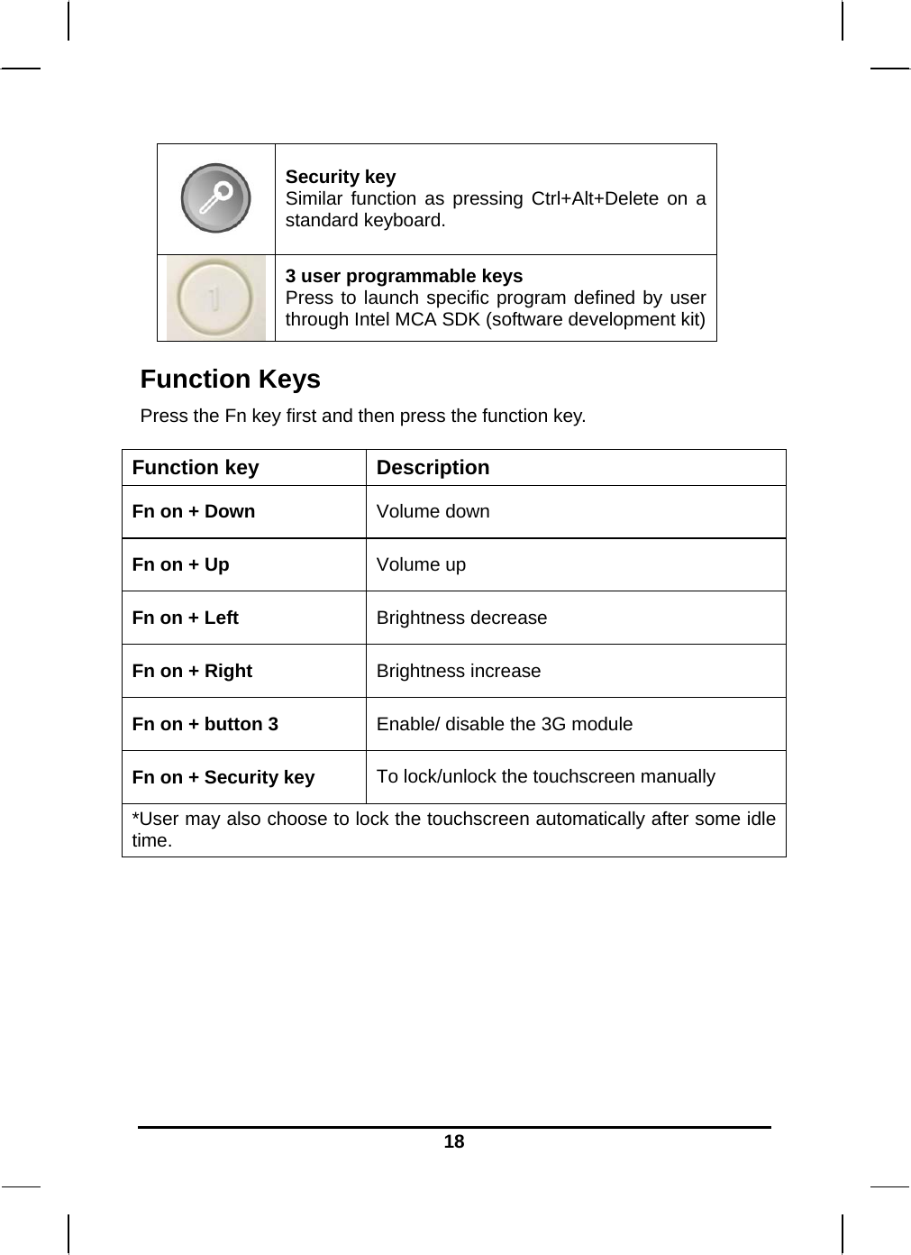   18 Security key Similar function as pressing Ctrl+Alt+Delete on a standard keyboard.  3 user programmable keys Press to launch specific program defined by user through Intel MCA SDK (software development kit) Function Keys Press the Fn key first and then press the function key.   Function key  Description Fn on + Down  Volume down Fn on + Up  Volume up Fn on + Left  Brightness decrease Fn on + Right  Brightness increase Fn on + button 3  Enable/ disable the 3G module Fn on + Security key  To lock/unlock the touchscreen manually *User may also choose to lock the touchscreen automatically after some idle time.      