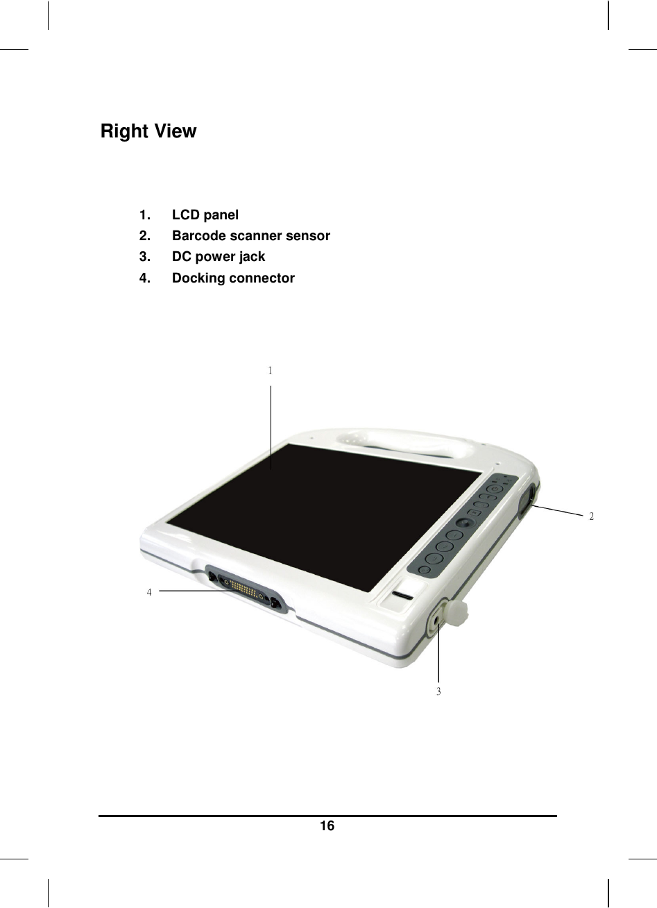     16 Right View   1.  LCD panel 2.  Barcode scanner sensor  3.  DC power jack 4.  Docking connector        