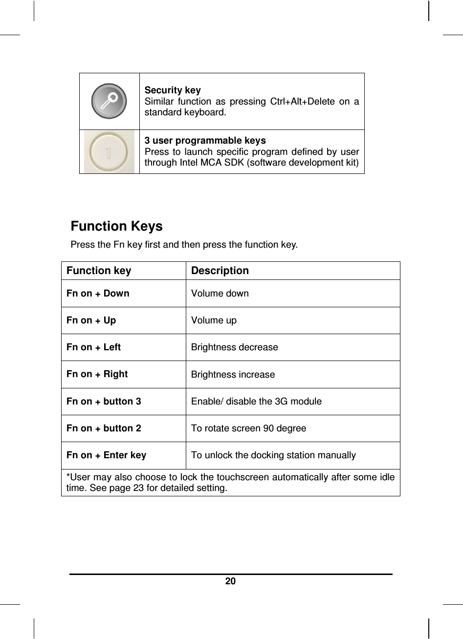     20  Security key Similar  function  as  pressing  Ctrl+Alt+Delete  on  a standard keyboard.  3 user programmable keys Press to launch specific program defined  by user through Intel MCA SDK (software development kit)  Function Keys Press the Fn key first and then press the function key.   Function key  Description Fn on + Down  Volume down Fn on + Up  Volume up Fn on + Left  Brightness decrease Fn on + Right  Brightness increase Fn on + button 3  Enable/ disable the 3G module Fn on + button 2  To rotate screen 90 degree Fn on + Enter key  To unlock the docking station manually *User may also choose to lock the touchscreen automatically after some idle time. See page 23 for detailed setting.    