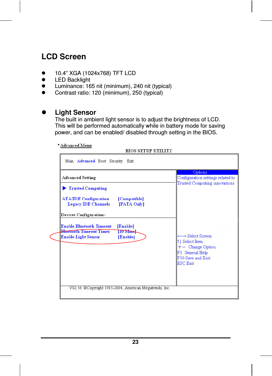   23  LCD Screen    10.4” XGA (1024x768) TFT LCD   LED Backlight   Luminance: 165 nit (minimum), 240 nit (typical)    Contrast ratio: 120 (minimum), 250 (typical)    Light Sensor  The built in ambient light sensor is to adjust the brightness of LCD. This will be performed automatically while in battery mode for saving power, and can be enabled/ disabled through setting in the BIOS.        