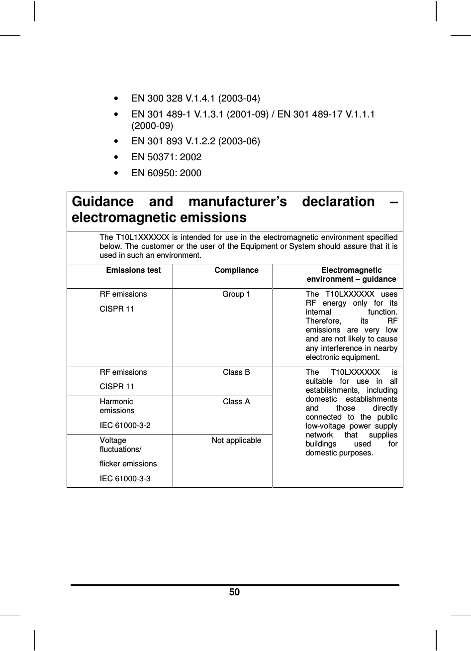    50  •  EN 300 328 V.1.4.1 (2003-04) •  EN 301 489-1 V.1.3.1 (2001-09) / EN 301 489-17 V.1.1.1 (2000-09) •  EN 301 893 V.1.2.2 (2003-06) •  EN 50371: 2002 •  EN 60950: 2000  Guidance  and  manufacturer’s  declaration  – electromagnetic emissions The T10L1XXXXXX is intended for use in the electromagnetic environment specified below. The customer or the user of the Equipment or System should assure that it is used in such an environment. Emissions test Compliance Electromagnetic environment – guidance RF emissions CISPR 11 Group 1 The  T10LXXXXXX  uses RF  energy  only  for  its internal  function. Therefore,  its  RF emissions  are  very  low and are not likely to cause any interference in nearby electronic equipment.  RF emissions CISPR 11 Class B Harmonic emissions IEC 61000-3-2 Class A Voltage fluctuations/ flicker emissions IEC 61000-3-3 Not applicable The  T10LXXXXXX  is suitable  for  use  in  all establishments,  including domestic  establishments and  those  directly connected  to  the  public low-voltage  power  supply network  that  supplies buildings  used  for domestic purposes.  