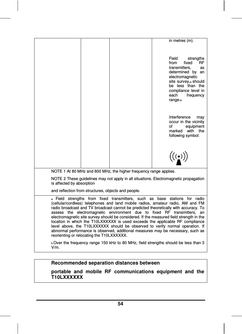     54 in metres (m).  Field  strengths from  fixed  RF transmitters,  as determined  by  an electromagnetic site  survey,a  should be  less  than  the compliance  level  in each  frequency range.b  Interference  may occur in  the vicinity of  equipment marked  with  the following symbol:   NOTE 1 At 80 MHz and 800 MHz, the higher frequency range applies. NOTE 2 These guidelines may not apply in all situations. Electromagnetic propagation is affected by absorption and reflection from structures, objects and people. a  Field  strengths  from  fixed  transmitters,  such  as  base  stations  for  radio (cellular/cordless)  telephones  and  land  mobile  radios,  amateur  radio,  AM  and  FM radio broadcast and TV broadcast cannot be predicted theoretically with accuracy. To assess  the  electromagnetic  environment  due  to  fixed  RF  transmitters,  an electromagnetic site survey should be considered. If the measured field strength in the location  in  which  the  T10LXXXXXX  is  used  exceeds  the  applicable  RF  compliance level  above,  the  T10LXXXXXX  should  be  observed  to  verify  normal  operation.  If abnormal performance is observed,  additional measures may be necessary, such as reorienting or relocating the T10LXXXXXX. b Over the frequency range 150 kHz to 80 MHz, field strengths should be less than 3 V/m.  Recommended separation distances between portable  and  mobile  RF  communications  equipment  and  the T10LXXXXXX 