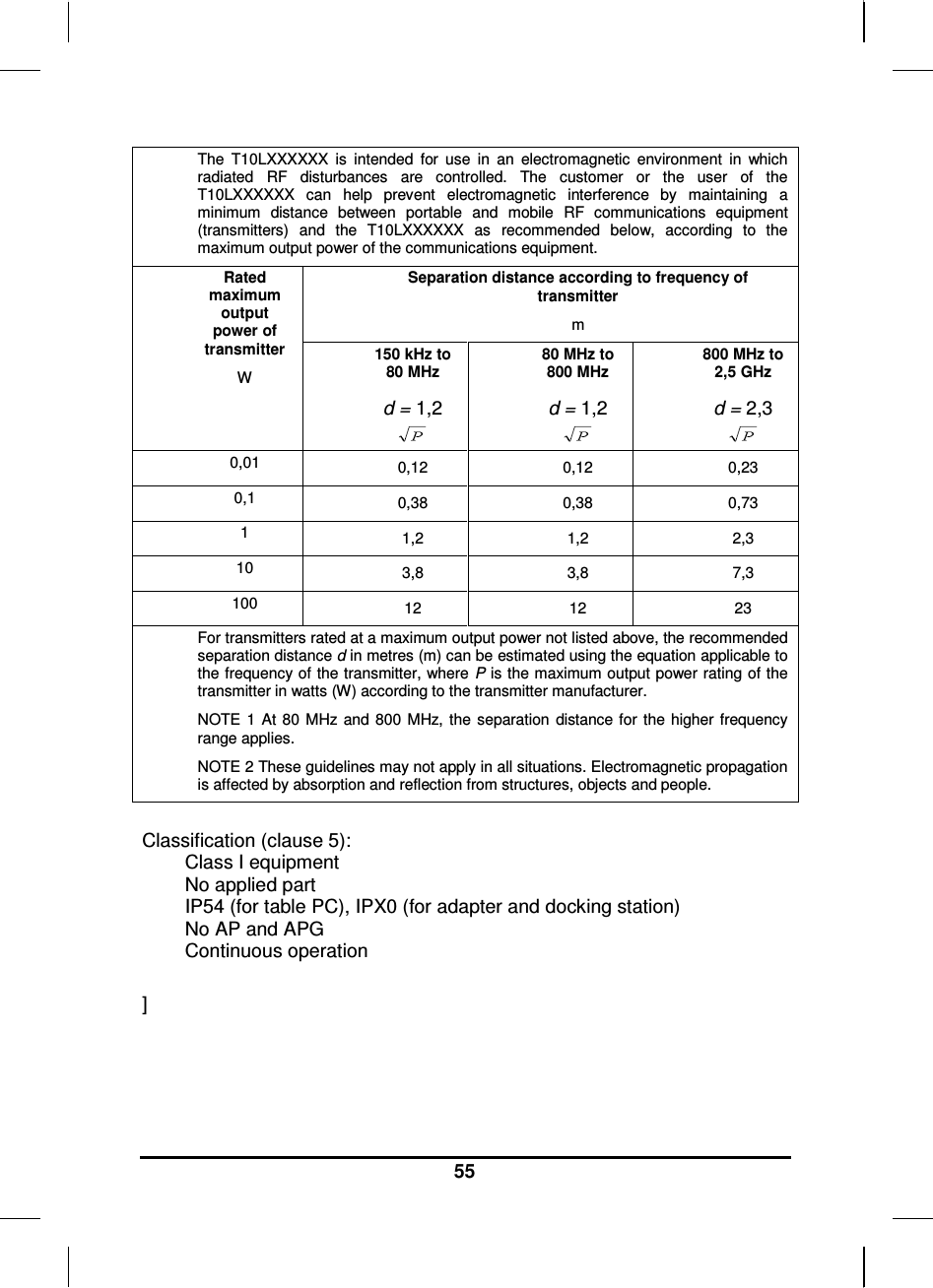  55 The  T10LXXXXXX  is  intended  for  use  in  an  electromagnetic  environment  in  which radiated  RF  disturbances  are  controlled.  The  customer  or  the  user  of  the T10LXXXXXX  can  help  prevent  electromagnetic  interference  by  maintaining  a minimum  distance  between  portable  and  mobile  RF  communications  equipment (transmitters)  and  the  T10LXXXXXX  as  recommended  below,  according  to  the maximum output power of the communications equipment. Separation distance according to frequency of transmitter m Rated maximum output power of transmitter W  150 kHz to 80 MHz d = 1,2  80 MHz to 800 MHz d = 1,2  800 MHz to 2,5 GHz d = 2,3  0,01 0,12  0,12  0,23 0,1 0,38 0,38 0,73 1 1,2 1,2 2,3 10 3,8 3,8 7,3 100 12 12 23 For transmitters rated at a maximum output power not listed above, the recommended separation distance d in metres (m) can be estimated using the equation applicable to the frequency of the transmitter, where P is the maximum output power rating of the transmitter in watts (W) according to the transmitter manufacturer.  NOTE 1  At 80 MHz and 800  MHz,  the  separation  distance for  the  higher frequency range applies. NOTE 2 These guidelines may not apply in all situations. Electromagnetic propagation is affected by absorption and reflection from structures, objects and people.  Classification (clause 5):          Class I equipment          No applied part          IP54 (for table PC), IPX0 (for adapter and docking station)          No AP and APG          Continuous operation   ]  