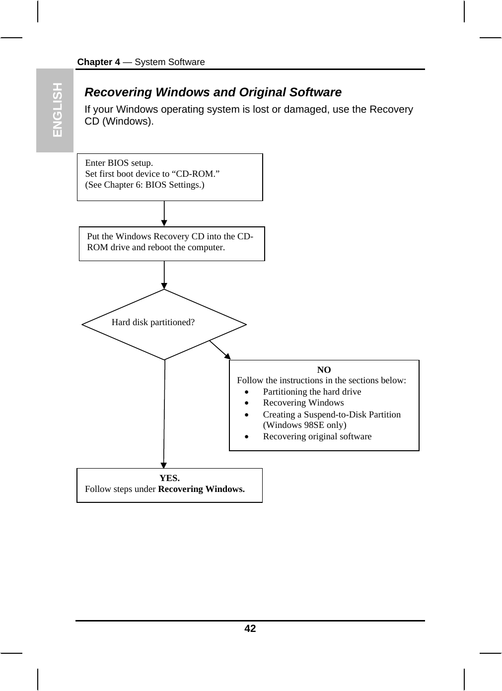 ENGLISH Chapter 4 — System Software Recovering Windows and Original Software If your Windows operating system is lost or damaged, use the Recovery CD (Windows).   Enter BIOS setup. Set first boot device to “CD-ROM.” (See Chapter 6: BIOS Settings.) Put the Windows Recovery CD into the CD-ROM drive and reboot the computer. NO Follow the instructions in the sections below: • Partitioning the hard drive • Recovering Windows • Creating a Suspend-to-Disk Partition (Windows 98SE only) • Recovering original software YES. Follow steps under Recovering Windows. Hard disk partitioned? 42 