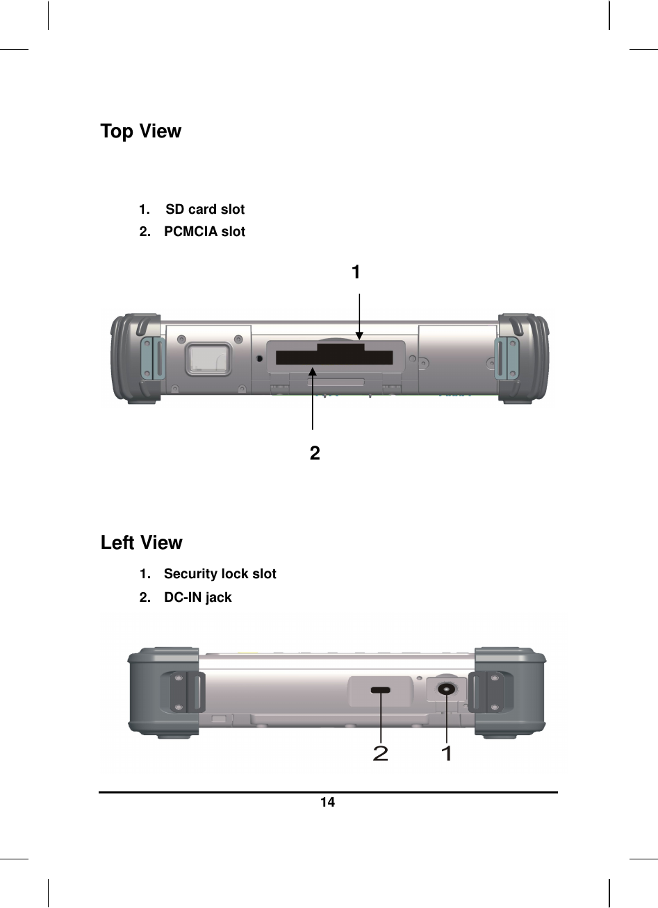  14  Top View   1.    SD card slot 2.  PCMCIA slot          Left View 1.  Security lock slot  2.  DC-IN jack  1 2 