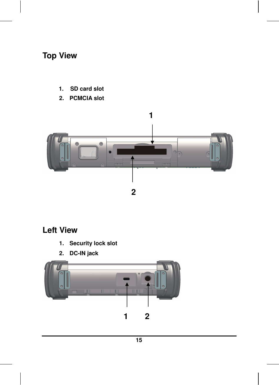  15  Top View   1.    SD card slot 2.  PCMCIA slot          Left View 1.  Security lock slot  2.  DC-IN jack     1 2 1 2 