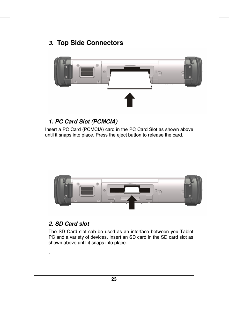  23  3.  Top Side Connectors  1. PC Card Slot (PCMCIA) Insert a PC Card (PCMCIA) card in the PC Card Slot as shown above until it snaps into place. Press the eject button to release the card.     2. SD Card slot The  SD  Card  slot cab  be  used as  an interface between  you Tablet PC and a variety of devices. Insert an SD card in the SD card slot as shown above until it snaps into place. .