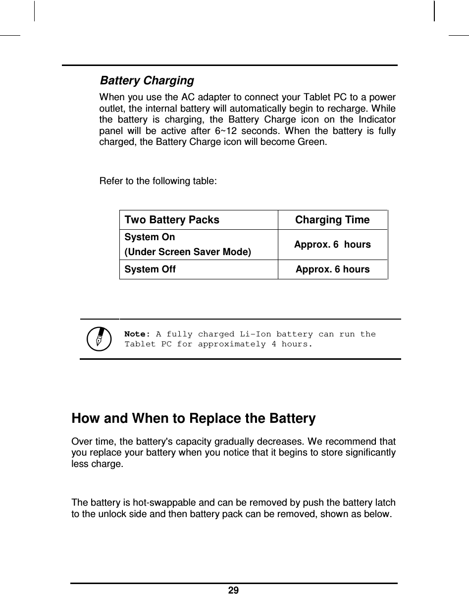                                                                    29 Battery Charging When you use the AC adapter to connect your Tablet PC to a power outlet, the internal battery will automatically begin to recharge. While the  battery  is  charging,  the  Battery  Charge  icon  on  the  Indicator panel  will  be  active  after  6~12  seconds.  When  the  battery  is  fully charged, the Battery Charge icon will become Green.  Refer to the following table:  Two Battery Packs  Charging Time System On  (Under Screen Saver Mode)  Approx. 6  hours System Off   Approx. 6 hours    Note: A fully charged Li-Ion battery can run the Tablet PC for approximately 4 hours.   How and When to Replace the Battery Over time, the battery&apos;s capacity gradually decreases. We recommend that you replace your battery when you notice that it begins to store significantly less charge.  The battery is hot-swappable and can be removed by push the battery latch to the unlock side and then battery pack can be removed, shown as below.   