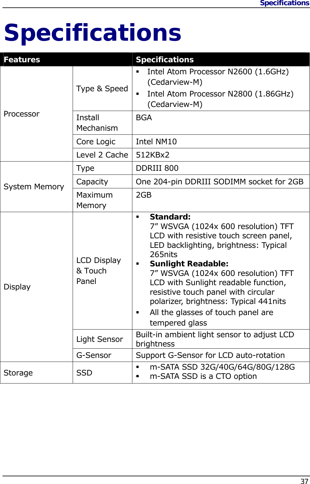 Specifications    37  Specifications Features  Specifications Type &amp; Speed Intel Atom Processor N2600 (1.6GHz) (Cedarview-M) Intel Atom Processor N2800 (1.86GHz) (Cedarview-M) Install Mechanism BGA Core Logic  Intel NM10 Processor Level 2 Cache 512KBx2 Type DDRIII 800 Capacity  One 204-pin DDRIII SODIMM socket for 2GB System Memory Maximum Memory 2GB LCD Display &amp; Touch Panel  Standard:  7” WSVGA (1024x 600 resolution) TFT LCD with resistive touch screen panel, LED backlighting, brightness: Typical 265nits  Sunlight Readable:  7” WSVGA (1024x 600 resolution) TFT LCD with Sunlight readable function, resistive touch panel with circular polarizer, brightness: Typical 441nits  All the glasses of touch panel are tempered glass Light Sensor  Built-in ambient light sensor to adjust LCD brightness Display G-Sensor  Support G-Sensor for LCD auto-rotation Storage SSD  m-SATA SSD 32G/40G/64G/80G/128G  m-SATA SSD is a CTO option 