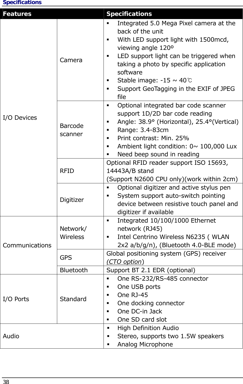 Specifications 38   Features  Specifications Camera  Integrated 5.0 Mega Pixel camera at the back of the unit  With LED support light with 1500mcd, viewing angle 120º  LED support light can be triggered when taking a photo by specific application software  Stable image: -15 ~ 40℃  Support GeoTagging in the EXIF of JPEG file Barcode scanner  Optional integrated bar code scanner support 1D/2D bar code reading  Angle: 38.9° (Horizontal), 25.4°(Vertical)  Range: 3.4-83cm  Print contrast: Min. 25%  Ambient light condition: 0~ 100,000 Lux  Need beep sound in reading RFID Optional RFID reader support ISO 15693, 14443A/B stand  (Support N2600 CPU only)(work within 2cm) I/O Devices Digitizer  Optional digitizer and active stylus pen  System support auto-switch pointing device between resistive touch panel and digitizer if available Network/ Wireless  Integrated 10/100/1000 Ethernet network (RJ45)    Intel Centrino Wireless N6235 ( WLAN 2x2 a/b/g/n), (Bluetooth 4.0-BLE mode) GPS  Global positioning system (GPS) receiver (CTO option) Communications Bluetooth  Support BT 2.1 EDR (optional)  I/O Ports  Standard  One RS-232/RS-485 connector  One USB ports   One RJ-45  One docking connector  One DC-in Jack  One SD card slot Audio   High Definition Audio  Stereo, supports two 1.5W speakers  Analog Microphone 
