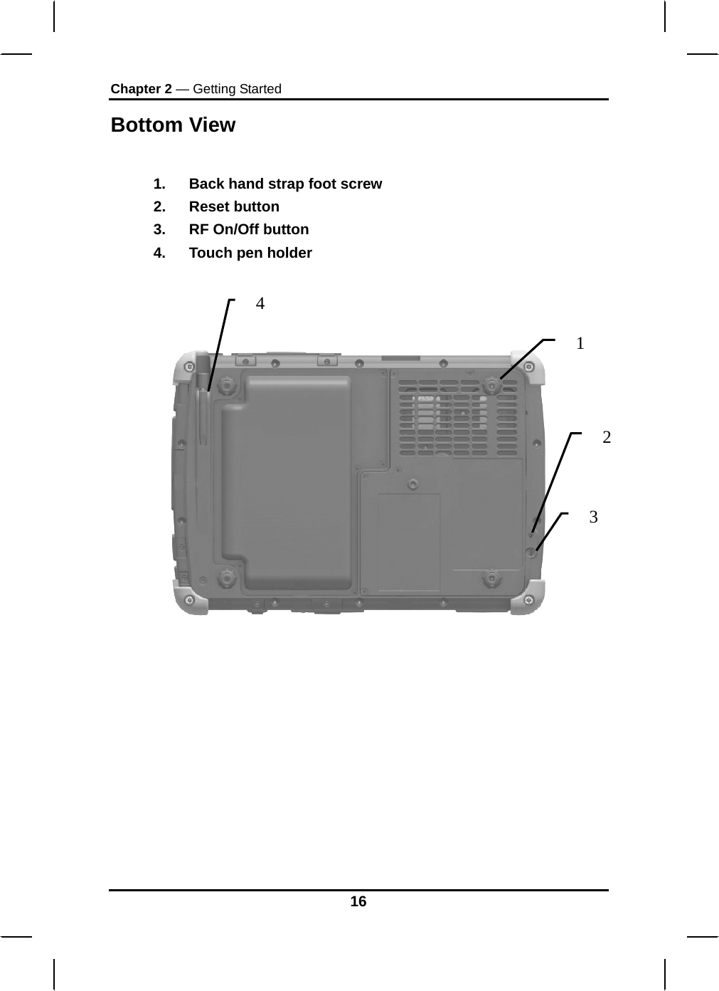 Chapter 2 — Getting Started 16 Bottom View  1.  Back hand strap foot screw 2. Reset button 3.  RF On/Off button 4.  Touch pen holder    1 2 3 4 