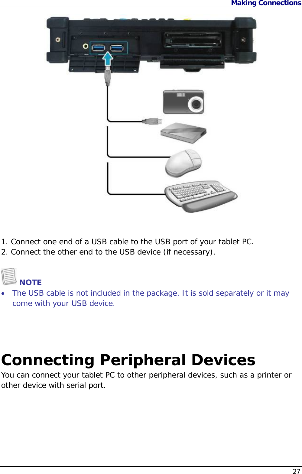 Making Connections    27                      1. Connect one end of a USB cable to the USB port of your tablet PC. 2. Connect the other end to the USB device (if necessary).    NOTE  The USB cable is not included in the package. It is sold separately or it may come with your USB device.      Connecting Peripheral Devices You can connect your tablet PC to other peripheral devices, such as a printer or other device with serial port. 