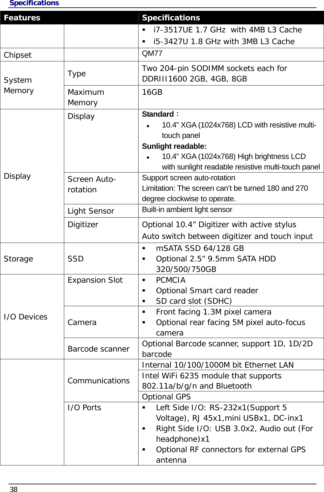 Specifications 38  Features  Specifications i7-3517UE 1.7 GHz  with 4MB L3 Cache i5-3427U 1.8 GHz with 3MB L3 Cache  Chipset  QM77 Type  Two 204-pin SODIMM sockets each for DDRIII1600 2GB, 4GB, 8GB  System Memory  Maximum Memory  16GB Display   Standard：  10.4” XGA (1024x768) LCD with resistive multi-touch panel  Sunlight readable:   10.4” XGA (1024x768) High brightness LCD with sunlight readable resistive multi-touch panel Screen Auto-rotation Support screen auto-rotation  Limitation: The screen can’t be turned 180 and 270 degree clockwise to operate. Light Sensor  Built-in ambient light sensor  Display Digitizer  Optional 10.4” Digitizer with active stylus Auto switch between digitizer and touch input Storage SSD  mSATA SSD 64/128 GB    Optional 2.5” 9.5mm SATA HDD 320/500/750GB Expansion Slot  PCMCIA  Optional Smart card reader  SD card slot (SDHC) Camera  Front facing 1.3M pixel camera   Optional rear facing 5M pixel auto-focus cameraI/O Devices Barcode scanner  Optional Barcode scanner, support 1D, 1D/2D barcodeInternal 10/100/1000M bit Ethernet LAN   Intel WiFi 6235 module that supports 802.11a/b/g/n and Bluetooth Communications Optional GPS  I/O Ports  Left Side I/O: RS-232x1(Support 5 Voltage), RJ 45x1,mini USBx1, DC-inx1  Right Side I/O: USB 3.0x2, Audio out (For headphone)x1  Optional RF connectors for external GPS antenna 