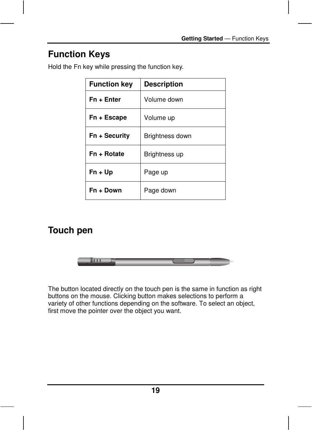 Getting Started — Function Keys 19 Function Keys Hold the Fn key while pressing the function key.   Function key  Description Fn + Enter  Volume down Fn + Escape  Volume up Fn + Security  Brightness down Fn + Rotate  Brightness up Fn + Up  Page up Fn + Down   Page down   Touch pen      The button located directly on the touch pen is the same in function as right buttons on the mouse. Clicking button makes selections to perform a variety of other functions depending on the software. To select an object, first move the pointer over the object you want. 