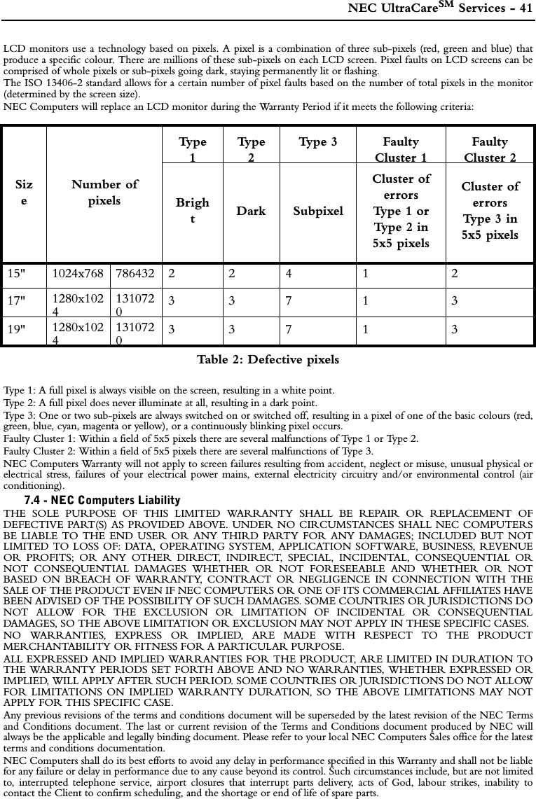  NEC UltraCareSM Services - 41LCD monitors use a technology based on pixels. A pixel is a combination of three sub-pixels (red, green and blue) thatproduce a specific colour. There are millions of these sub-pixels on each LCD screen. Pixel faults on LCD screens can becomprised of whole pixels or sub-pixels going dark, staying permanently lit or flashing.The ISO 13406-2 standard allows for a certain number of pixel faults based on the number of total pixels in the monitor(determined by the screen size).NEC Computers will replace an LCD monitor during the Warranty Period if it meets the following criteria:Type 1: A full pixel is always visible on the screen, resulting in a white point.Type 2: A full pixel does never illuminate at all, resulting in a dark point.Type 3: One or two sub-pixels are always switched on or switched off, resulting in a pixel of one of the basic colours (red,green, blue, cyan, magenta or yellow), or a continuously blinking pixel occurs.Faulty Cluster 1: Within a field of 5x5 pixels there are several malfunctions of Type 1 or Type 2.Faulty Cluster 2: Within a field of 5x5 pixels there are several malfunctions of Type 3.NEC Computers Warranty will not apply to screen failures resulting from accident, neglect or misuse, unusual physical orelectrical stress, failures of your electrical power mains, external electricity circuitry and/or environmental control (airconditioning).7.4 - NEC Computers LiabilityTHE SOLE PURPOSE OF THIS LIMITED WARRANTY SHALL BE REPAIR OR REPLACEMENT OFDEFECTIVE PART(S) AS PROVIDED ABOVE. UNDER NO CIRCUMSTANCES SHALL NEC COMPUTERSBE LIABLE TO THE END USER OR ANY THIRD PARTY FOR ANY DAMAGES; INCLUDED BUT NOTLIMITED TO LOSS OF: DATA, OPERATING SYSTEM, APPLICATION SOFTWARE, BUSINESS, REVENUEOR PROFITS; OR ANY OTHER DIRECT, INDIRECT, SPECIAL, INCIDENTAL, CONSEQUENTIAL ORNOT CONSEQUENTIAL DAMAGES WHETHER OR NOT FORESEEABLE AND WHETHER OR NOTBASED ON BREACH OF WARRANTY, CONTRACT OR NEGLIGENCE IN CONNECTION WITH THESALE OF THE PRODUCT EVEN IF NEC COMPUTERS OR ONE OF ITS COMMERCIAL AFFILIATES HAVEBEEN ADVISED OF THE POSSIBILITY OF SUCH DAMAGES. SOME COUNTRIES OR JURISDICTIONS DONOT ALLOW FOR THE EXCLUSION OR LIMITATION OF INCIDENTAL OR CONSEQUENTIALDAMAGES, SO THE ABOVE LIMITATION OR EXCLUSION MAY NOT APPLY IN THESE SPECIFIC CASES.NO WARRANTIES, EXPRESS OR IMPLIED, ARE MADE WITH RESPECT TO THE PRODUCTMERCHANTABILITY OR FITNESS FOR A PARTICULAR PURPOSE.ALL EXPRESSED AND IMPLIED WARRANTIES FOR THE PRODUCT, ARE LIMITED IN DURATION TOTHE WARRANTY PERIODS SET FORTH ABOVE AND NO WARRANTIES, WHETHER EXPRESSED ORIMPLIED, WILL APPLY AFTER SUCH PERIOD. SOME COUNTRIES OR JURISDICTIONS DO NOT ALLOWFOR LIMITATIONS ON IMPLIED WARRANTY DURATION, SO THE ABOVE LIMITATIONS MAY NOTAPPLY FOR THIS SPECIFIC CASE.Any previous revisions of the terms and conditions document will be superseded by the latest revision of the NEC Termsand Conditions document. The last or current revision of the Terms and Conditions document produced by NEC willalways be the applicable and legally binding document. Please refer to your local NEC Computers Sales office for the latestterms and conditions documentation. NEC Computers shall do its best efforts to avoid any delay in performance specified in this Warranty and shall not be liablefor any failure or delay in performance due to any cause beyond its control. Such circumstances include, but are not limitedto, interrupted telephone service, airport closures that interrupt parts delivery, acts of God, labour strikes, inability tocontact the Client to confirm scheduling, and the shortage or end of life of spare parts.SizeNumber of pixelsTy p e  1Ty p e  2Type 3 Faulty Cluster 1Faulty Cluster 2BrightDark SubpixelCluster of errors Type 1 or Type 2 in 5x5 pixelsCluster of errors Type 3 in 5x5 pixels15&quot; 1024x768 786432 2 2 4 1 217&quot; 1280x10241310720337 1 319&quot; 1280x10241310720337 1 3Table 2: Defective pixels