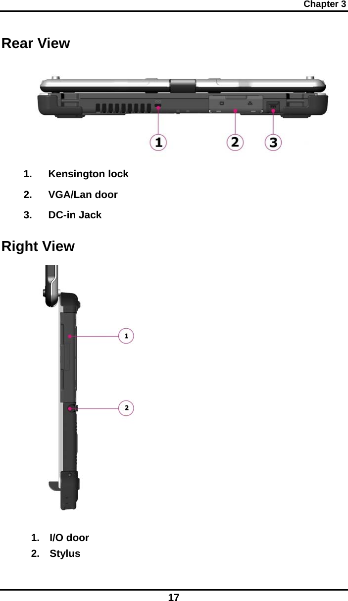 Chapter 3 17 Rear View   1. Kensington lock 2. VGA/Lan door 3. DC-in Jack Right View  1. I/O door 2. Stylus 