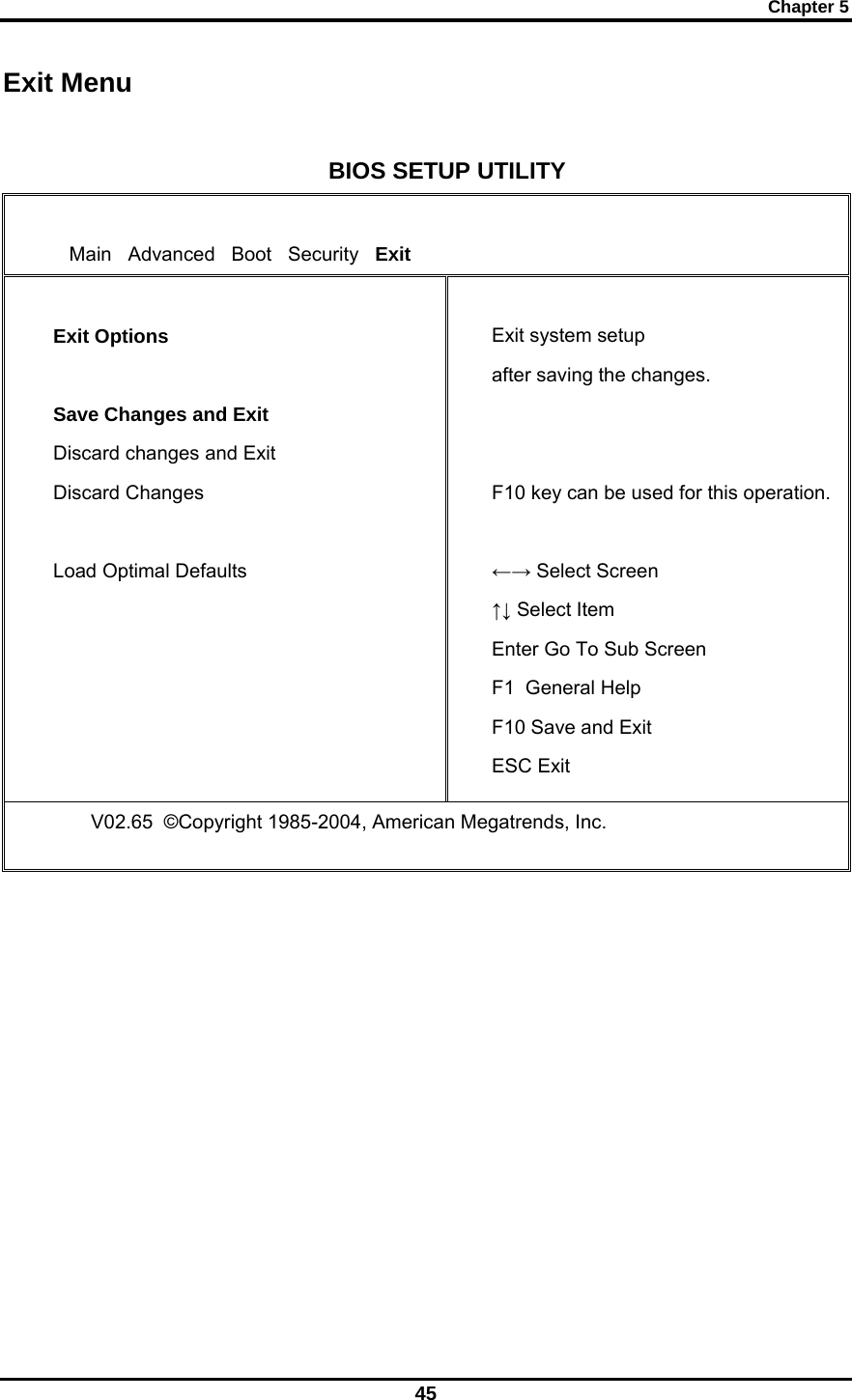 Chapter 5 45 Exit Menu  BIOS SETUP UTILITY      Main   Advanced   Boot   Security   Exit   Exit Options   Save Changes and Exit  Discard changes and Exit  Discard Changes    Load Optimal Defaults  Exit system setup after saving the changes.   F10 key can be used for this operation. ←→ Select Screen ↑↓ Select Item Enter Go To Sub Screen F1  General Help F10 Save and Exit ESC Exit     V02.65  ©Copyright 1985-2004, American Megatrends, Inc.            