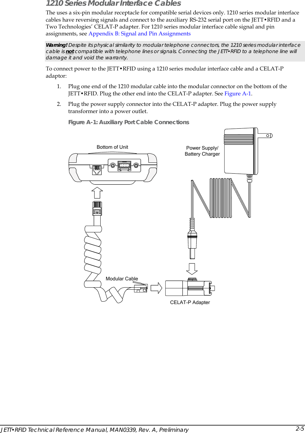  1210 Series Modular Interface Cables The uses a six-pin modular receptacle for compatible serial devices only. 1210 series modular interface cables have reversing signals and connect to the auxiliary RS-232 serial port on the JETT&bull;RFID and a Two Technologies&rsquo; CELAT-P adapter. For 1210 series modular interface cable signal and pin assignments, see Appendix B: Signal and Pin AssignmentsWarning! Despite its physical similarity to modular telephone connectors, the 1210 series modular interface cable is not compatible with telephone lines or signals. Connecting the JETT&bull;RFID to a telephone line will damage it and void the warranty. To connect power to the JETT&bull;RFID using a 1210 series modular interface cable and a CELAT-P adaptor: 1. Plug one end of the 1210 modular cable into the modular connector on the bottom of the JETT&bull;RFID. Plug the other end into the CELAT-P adapter. See Figure A-1. 2. Plug the power supply connector into the CELAT-P adapter. Plug the power supply transformer into a power outlet. Figure A-1: Auxiliary Port Cable Connections Modular CableCELAT-P AdapterPower Supply/Battery ChargerBottom of Unit  JETT&bull;RFID Technical Reference Manual, MAN0339, Rev. A, Preliminary 2-5