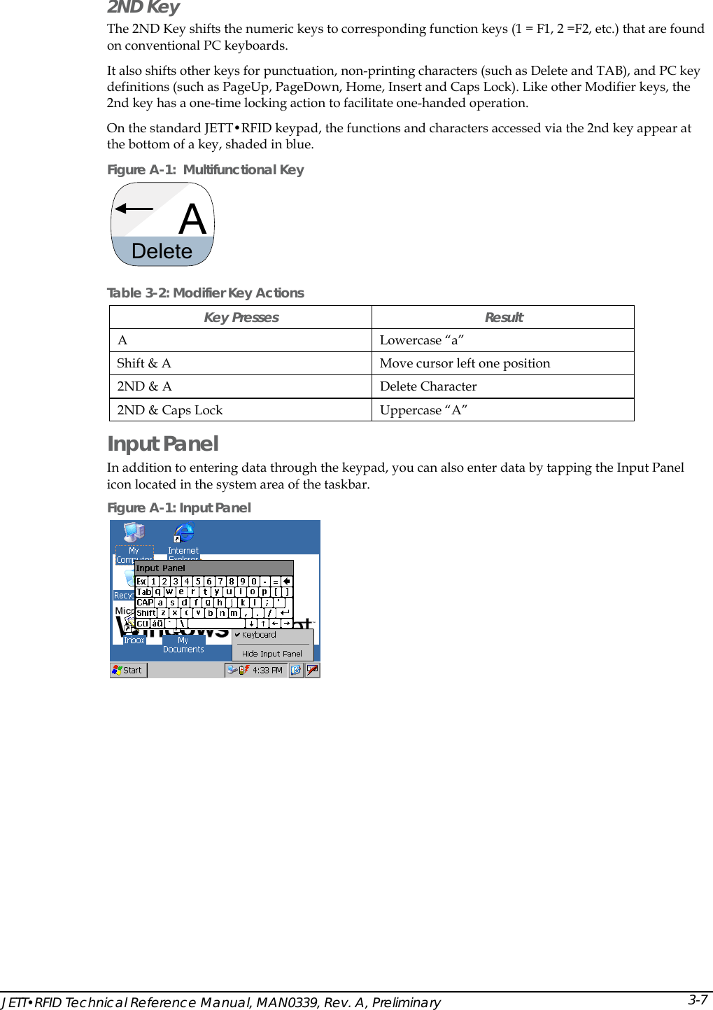  2ND Key The 2ND Key shifts the numeric keys to corresponding function keys (1 = F1, 2 =F2, etc.) that are found on conventional PC keyboards.  It also shifts other keys for punctuation, non-printing characters (such as Delete and TAB), and PC key definitions (such as PageUp, PageDown, Home, Insert and Caps Lock). Like other Modifier keys, the 2nd key has a one-time locking action to facilitate one-handed operation.  On the standard JETT&bull;RFID keypad, the functions and characters accessed via the 2nd key appear at the bottom of a key, shaded in blue. Figure A-1:  Multifunctional Key   ADelete Table 3-2: Modifier Key Actions Key Presses  Result A Lowercase &ldquo;a&rdquo; Shift &amp; A  Move cursor left one position 2ND &amp; A  Delete Character 2ND &amp; Caps Lock  Uppercase &ldquo;A&rdquo; Input Panel  In addition to entering data through the keypad, you can also enter data by tapping the Input Panel icon located in the system area of the taskbar. Figure A-1: Input Panel   JETT&bull;RFID Technical Reference Manual, MAN0339, Rev. A, Preliminary  3-7 