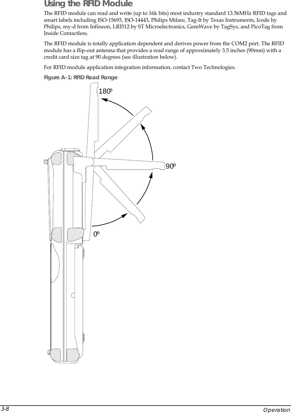  Using the RFID Module  The RFID module can read and write (up to 16k bits) most industry standard 13.56MHz RFID tags and smart labels including ISO-15693, ISO-14443, Philips Mifare, Tag-It by Texas Instruments, Icode by Philips, my-d from Infineon, LRI512 by ST Microelectronics, GemWave by TagSys, and PicoTag from Inside Contactless.  The RFID module is totally application dependent and derives power from the COM2 port. The RFID module has a flip-out antenna that provides a read range of approximately 3.5 inches (90mm) with a credit card size tag at 90 degrees (see illustration below). For RFID module application integration information, contact Two Technologies. Figure A-1: RFID Read Range 0&ordm;180&ordm;90&ordm;     Operation 3-8 