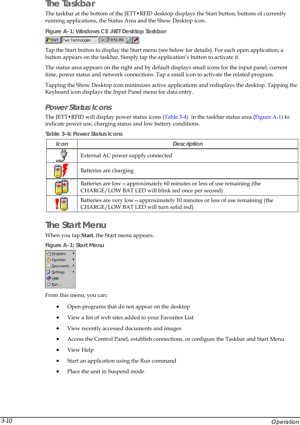  The Taskbar The taskbar at the bottom of the JETT&bull;RFID desktop displays the Start button, buttons of currently running applications, the Status Area and the Show Desktop icon.  Figure A-1: Windows CE .NET Desktop Taskbar  Tap the Start button to display the Start menu (see below for details). For each open application, a button appears on the taskbar. Simply tap the application&rsquo;s button to activate it. The status area appears on the right and by default displays small icons for the input panel, current time, power status and network connections. Tap a small icon to activate the related program. Tapping the Show Desktop icon minimizes active applications and redisplays the desktop. Tapping the Keyboard icon displays the Input Panel menu for data entry. Power Status Icons The JETT&bull;RFID will display power status icons (Table 3-4)  in the taskbar status area (Figure A-1) to indicate power use, charging status and low battery conditions. Table 3-4: Power Status Icons Icon Description  External AC power supply connected  Batteries are charging  Batteries are low&mdash;approximately 60 minutes or less of use remaining (the CHARGE/LOW BAT LED will blink red once per second)  Batteries are very low&mdash;approximately 10 minutes or less of use remaining (the CHARGE/LOW BAT LED will turn solid red) The Start Menu When you tap Start, the Start menu appears.  Figure A-1: Start Menu  From this menu, you can: &bull; Open programs that do not appear on the desktop &bull; View a list of web sites added to your Favorites List &bull; View recently accessed documents and images &bull; Access the Control Panel, establish connections, or configure the Taskbar and Start Menu &bull; View Help &bull; Start an application using the Run command &bull; Place the unit in Suspend mode     Operation 3-10 