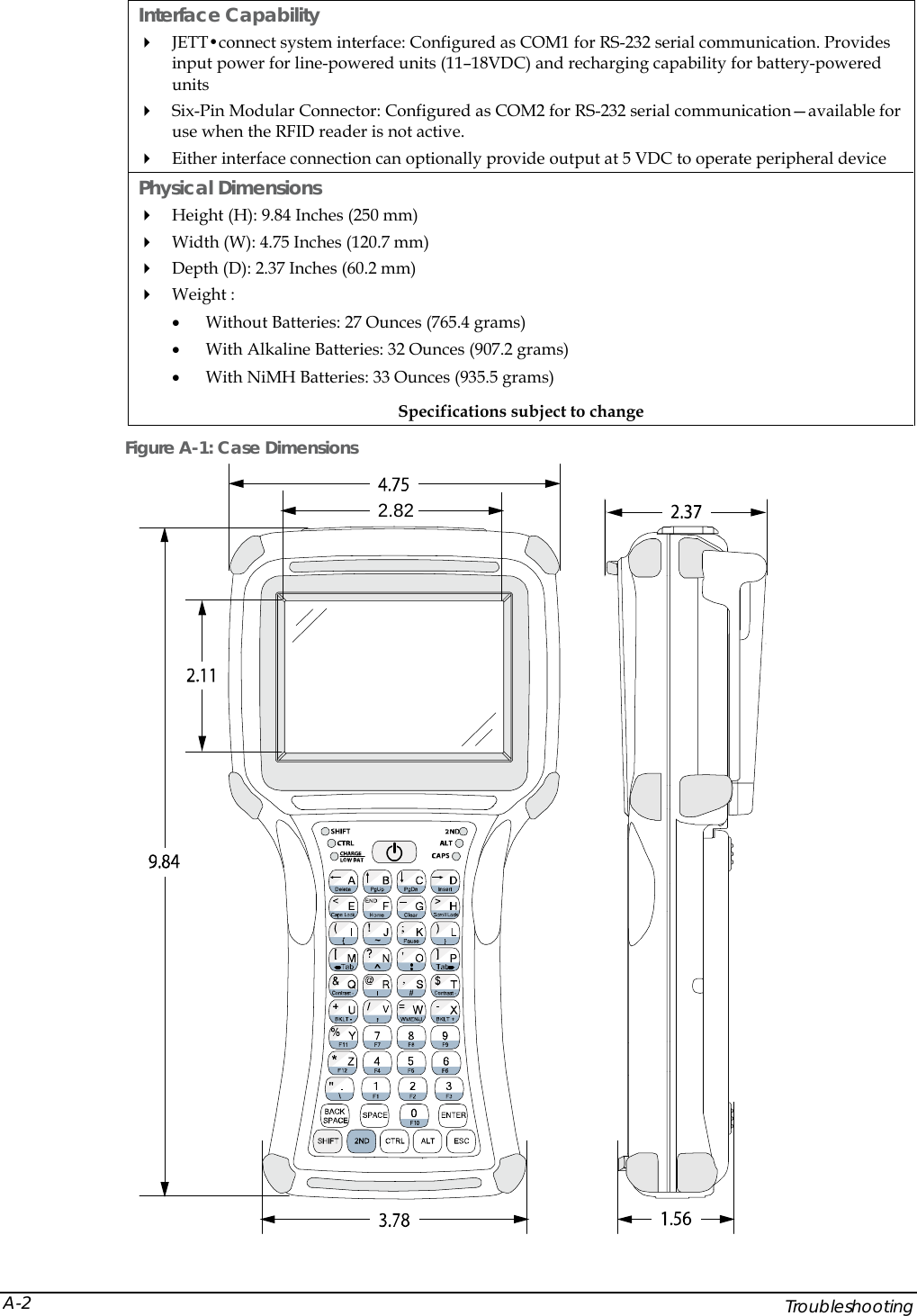  Interface Capability  JETT&bull;connect system interface: Configured as COM1 for RS-232 serial communication. Provides input power for line-powered units (11&ndash;18VDC) and recharging capability for battery-powered units  Six-Pin Modular Connector: Configured as COM2 for RS-232 serial communication&mdash;available for use when the RFID reader is not active.  Either interface connection can optionally provide output at 5 VDC to operate peripheral device Physical Dimensions  Height (H): 9.84 Inches (250 mm)  Width (W): 4.75 Inches (120.7 mm)  Depth (D): 2.37 Inches (60.2 mm)  Weight : &bull; Without Batteries: 27 Ounces (765.4 grams) &bull; With Alkaline Batteries: 32 Ounces (907.2 grams) &bull; With NiMH Batteries: 33 Ounces (935.5 grams)  Specifications subject to change Figure A-1: Case Dimensions 2.82    Troubleshooting A-2