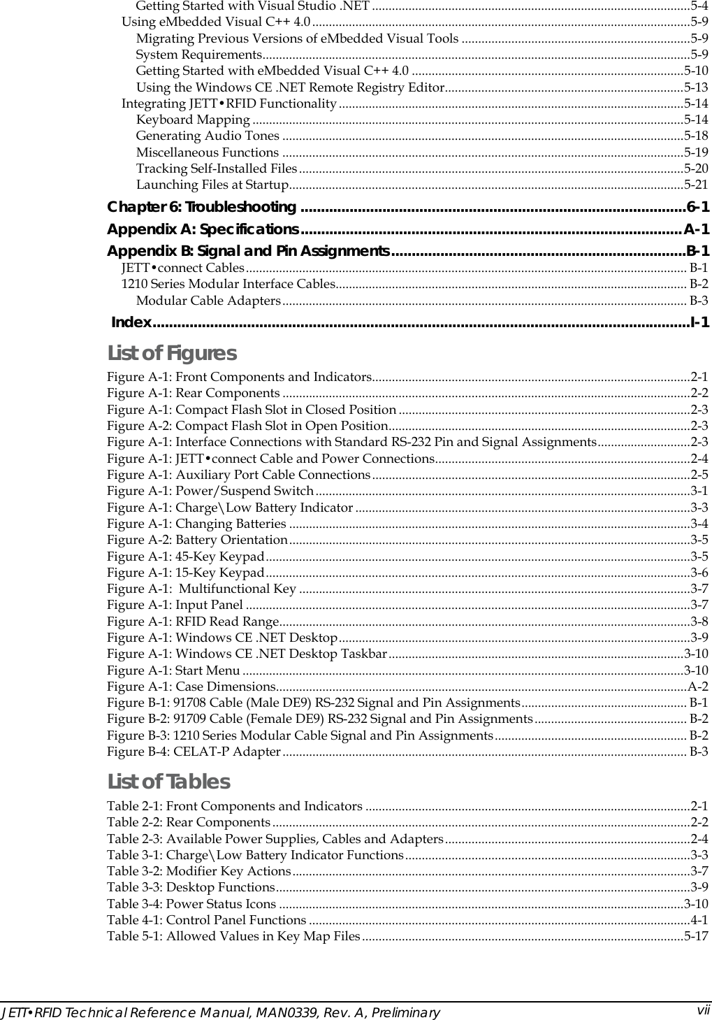  Getting Started with Visual Studio .NET ................................................................................................5-4 Using eMbedded Visual C++ 4.0..................................................................................................................5-9 Migrating Previous Versions of eMbedded Visual Tools .....................................................................5-9 System Requirements.................................................................................................................................5-9 Getting Started with eMbedded Visual C++ 4.0 ..................................................................................5-10 Using the Windows CE .NET Remote Registry Editor........................................................................5-13 Integrating JETT&bull;RFID Functionality........................................................................................................5-14 Keyboard Mapping ..................................................................................................................................5-14 Generating Audio Tones .........................................................................................................................5-18 Miscellaneous Functions .........................................................................................................................5-19 Tracking Self-Installed Files....................................................................................................................5-20 Launching Files at Startup.......................................................................................................................5-21 Chapter 6: Troubleshooting ..............................................................................................6-1 Appendix A: Specifications.............................................................................................A-1 Appendix B: Signal and Pin Assignments........................................................................B-1 JETT&bull;connect Cables..................................................................................................................................... B-1 1210 Series Modular Interface Cables.......................................................................................................... B-2 Modular Cable Adapters.......................................................................................................................... B-3  Index...................................................................................................................................I-1 List of Figures Figure A-1: Front Components and Indicators................................................................................................2-1 Figure A-1: Rear Components ...........................................................................................................................2-2 Figure A-1: Compact Flash Slot in Closed Position ........................................................................................2-3 Figure A-2: Compact Flash Slot in Open Position...........................................................................................2-3 Figure A-1: Interface Connections with Standard RS-232 Pin and Signal Assignments............................2-3 Figure A-1: JETT&bull;connect Cable and Power Connections.............................................................................2-4 Figure A-1: Auxiliary Port Cable Connections................................................................................................2-5 Figure A-1: Power/Suspend Switch .................................................................................................................3-1 Figure A-1: Charge\Low Battery Indicator .....................................................................................................3-3 Figure A-1: Changing Batteries .........................................................................................................................3-4 Figure A-2: Battery Orientation.........................................................................................................................3-5 Figure A-1: 45-Key Keypad................................................................................................................................3-5 Figure A-1: 15-Key Keypad................................................................................................................................3-6 Figure A-1:  Multifunctional Key ......................................................................................................................3-7 Figure A-1: Input Panel ......................................................................................................................................3-7 Figure A-1: RFID Read Range............................................................................................................................3-8 Figure A-1: Windows CE .NET Desktop..........................................................................................................3-9 Figure A-1: Windows CE .NET Desktop Taskbar.........................................................................................3-10 Figure A-1: Start Menu .....................................................................................................................................3-10 Figure A-1: Case Dimensions............................................................................................................................A-2 Figure B-1: 91708 Cable (Male DE9) RS-232 Signal and Pin Assignments.................................................. B-1 Figure B-2: 91709 Cable (Female DE9) RS-232 Signal and Pin Assignments.............................................. B-2 Figure B-3: 1210 Series Modular Cable Signal and Pin Assignments.......................................................... B-2 Figure B-4: CELAT-P Adapter.......................................................................................................................... B-3 List of Tables Table 2-1: Front Components and Indicators ..................................................................................................2-1 Table 2-2: Rear Components ..............................................................................................................................2-2 Table 2-3: Available Power Supplies, Cables and Adapters..........................................................................2-4 Table 3-1: Charge\Low Battery Indicator Functions......................................................................................3-3 Table 3-2: Modifier Key Actions........................................................................................................................3-7 Table 3-3: Desktop Functions.............................................................................................................................3-9 Table 3-4: Power Status Icons ..........................................................................................................................3-10 Table 4-1: Control Panel Functions ...................................................................................................................4-1 Table 5-1: Allowed Values in Key Map Files.................................................................................................5-17 JETT&bull;RFID Technical Reference Manual, MAN0339, Rev. A, Preliminary  vii