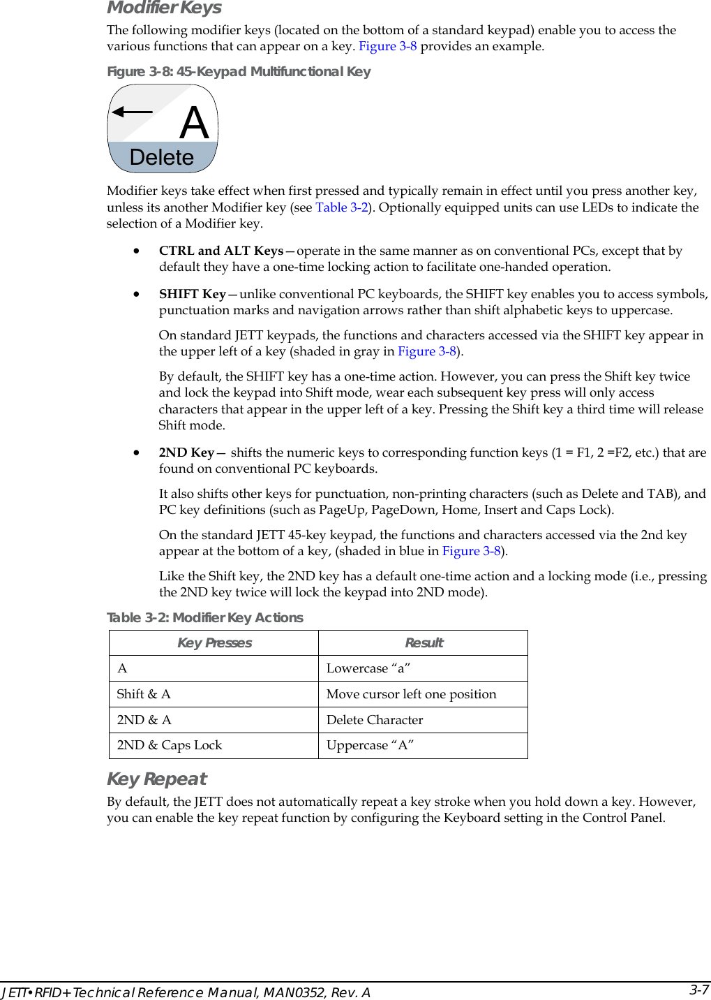 JETT&bull;RFID+ Technical Reference Manual, MAN0352, Rev. A  3-7Modifier Keys The following modifier keys (located on the bottom of a standard keypad) enable you to access the various functions that can appear on a key. Figure 3-8 provides an example.  Figure 3-8: 45-Keypad Multifunctional Key ADelete  Modifier keys take effect when first pressed and typically remain in effect until you press another key, unless its another Modifier key (see Table 3-2). Optionally equipped units can use LEDs to indicate the selection of a Modifier key. &bull; CTRL and ALT Keys&mdash;operate in the same manner as on conventional PCs, except that by default they have a one-time locking action to facilitate one-handed operation. &bull; SHIFT Key&mdash;unlike conventional PC keyboards, the SHIFT key enables you to access symbols, punctuation marks and navigation arrows rather than shift alphabetic keys to uppercase. On standard JETT keypads, the functions and characters accessed via the SHIFT key appear in the upper left of a key (shaded in gray in Figure 3-8). By default, the SHIFT key has a one-time action. However, you can press the Shift key twice and lock the keypad into Shift mode, wear each subsequent key press will only access characters that appear in the upper left of a key. Pressing the Shift key a third time will release Shift mode. &bull; 2ND Key&mdash; shifts the numeric keys to corresponding function keys (1 = F1, 2 =F2, etc.) that are found on conventional PC keyboards.  It also shifts other keys for punctuation, non-printing characters (such as Delete and TAB), and PC key definitions (such as PageUp, PageDown, Home, Insert and Caps Lock).  On the standard JETT 45-key keypad, the functions and characters accessed via the 2nd key appear at the bottom of a key, (shaded in blue in Figure 3-8). Like the Shift key, the 2ND key has a default one-time action and a locking mode (i.e., pressing the 2ND key twice will lock the keypad into 2ND mode). Table 3-2: Modifier Key Actions Key Presses  Result A Lowercase &ldquo;a&rdquo; Shift &amp; A  Move cursor left one position 2ND &amp; A  Delete Character 2ND &amp; Caps Lock  Uppercase &ldquo;A&rdquo; Key Repeat By default, the JETT does not automatically repeat a key stroke when you hold down a key. However, you can enable the key repeat function by configuring the Keyboard setting in the Control Panel. 