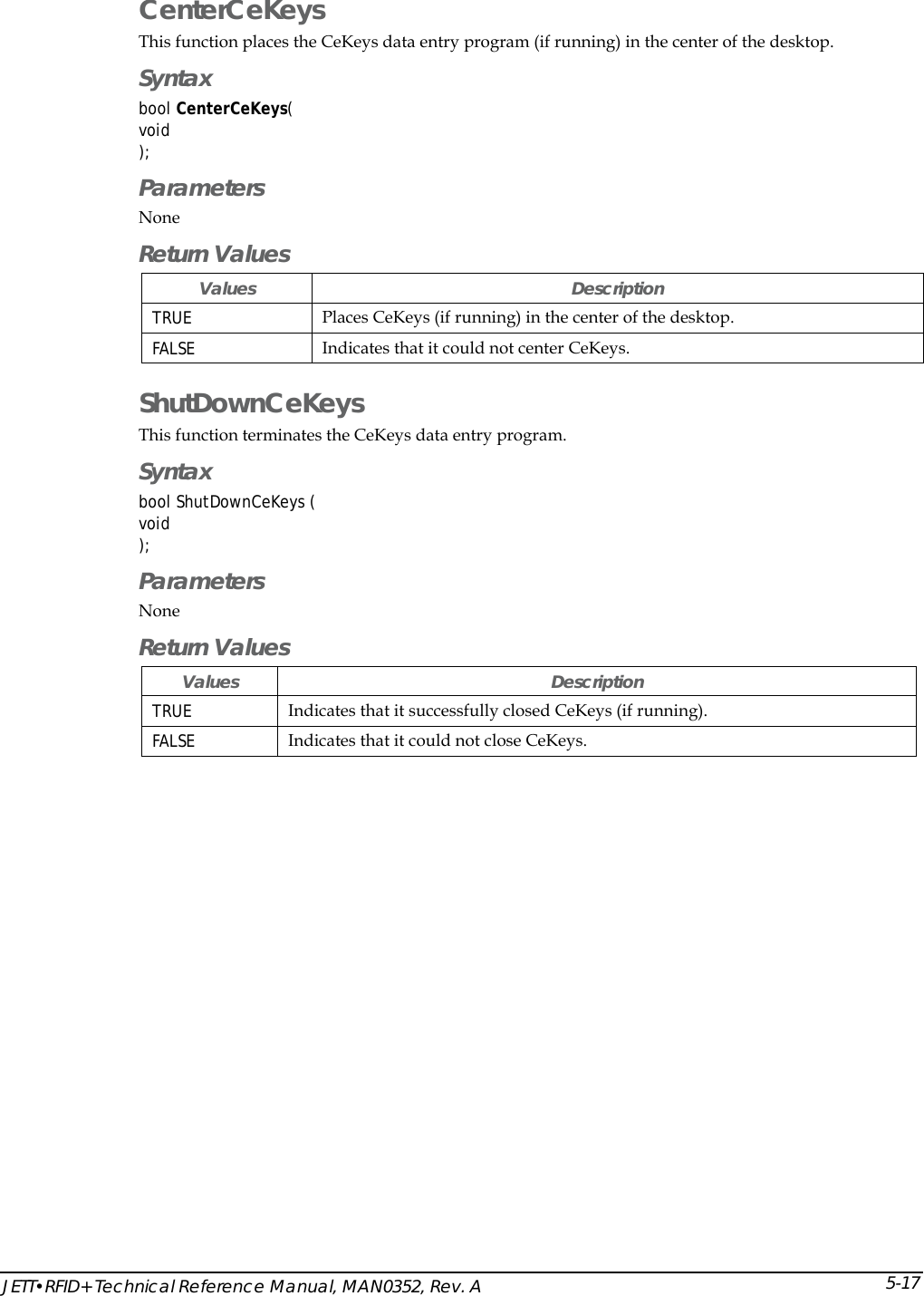  JETT&bull;RFID+ Technical Reference Manual, MAN0352, Rev. A 5-17CenterCeKeys This function places the CeKeys data entry program (if running) in the center of the desktop. Syntax bool CenterCeKeys( void ); Parameters None Return Values Values Description TRUE  Places CeKeys (if running) in the center of the desktop. FALSE  Indicates that it could not center CeKeys. ShutDownCeKeys This function terminates the CeKeys data entry program. Syntax bool ShutDownCeKeys ( void ); Parameters None Return Values Values Description TRUE  Indicates that it successfully closed CeKeys (if running). FALSE  Indicates that it could not close CeKeys. 