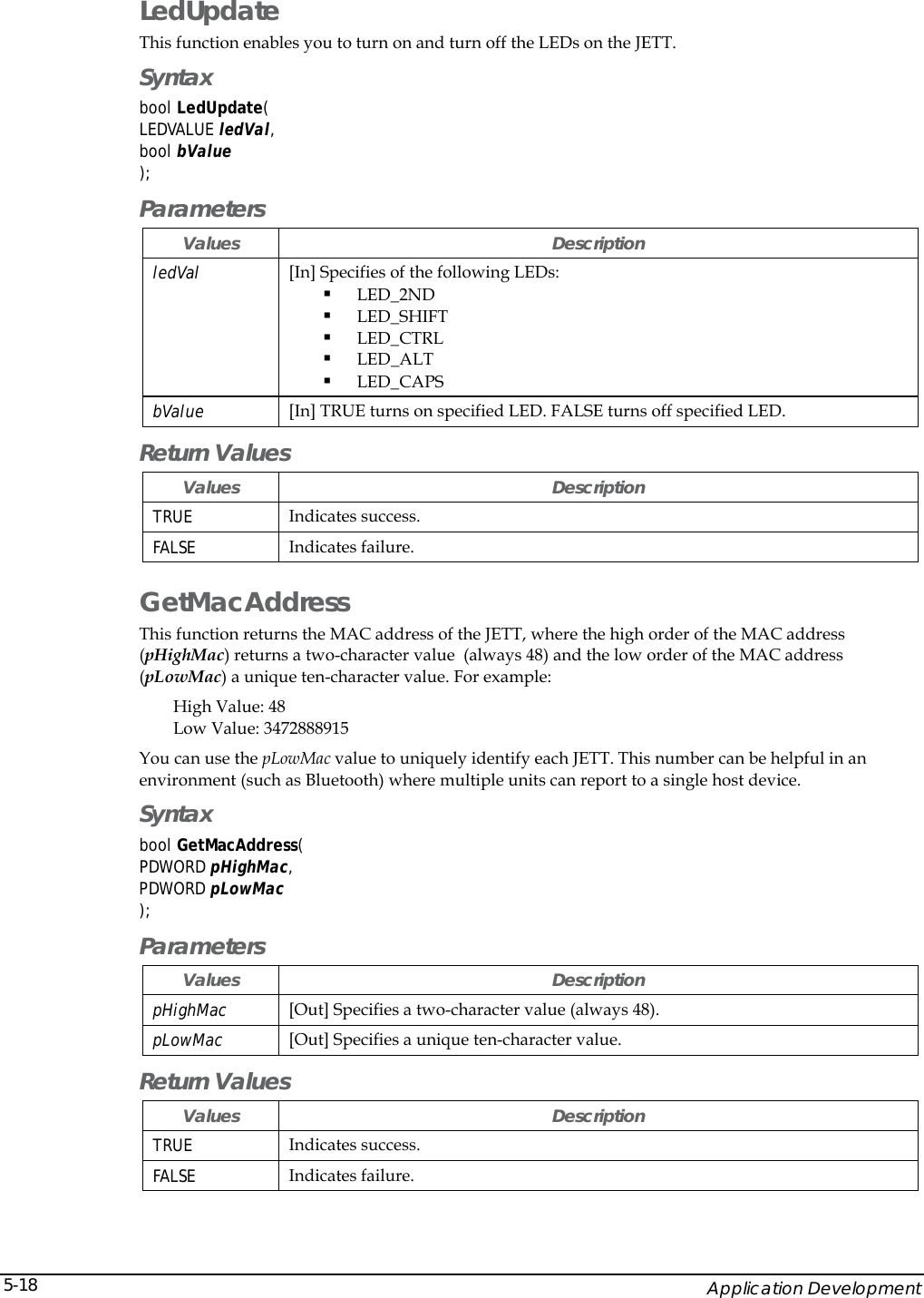    Application Development 5-18LedUpdate This function enables you to turn on and turn off the LEDs on the JETT. Syntax bool LedUpdate( LEDVALUE ledVal,  bool bValue ); Parameters Values Description ledVal  [In] Specifies of the following LEDs:  LED_2ND  LED_SHIFT  LED_CTRL  LED_ALT  LED_CAPS bValue  [In] TRUE turns on specified LED. FALSE turns off specified LED. Return Values Values Description TRUE  Indicates success. FALSE  Indicates failure. GetMacAddress This function returns the MAC address of the JETT, where the high order of the MAC address (pHighMac) returns a two-character value  (always 48) and the low order of the MAC address (pLowMac) a unique ten-character value. For example: High Value: 48 Low Value: 3472888915 You can use the pLowMac value to uniquely identify each JETT. This number can be helpful in an environment (such as Bluetooth) where multiple units can report to a single host device.  Syntax bool GetMacAddress( PDWORD pHighMac,  PDWORD pLowMac ); Parameters Values Description pHighMac  [Out] Specifies a two-character value (always 48). pLowMac  [Out] Specifies a unique ten-character value. Return Values Values Description TRUE  Indicates success. FALSE  Indicates failure. 