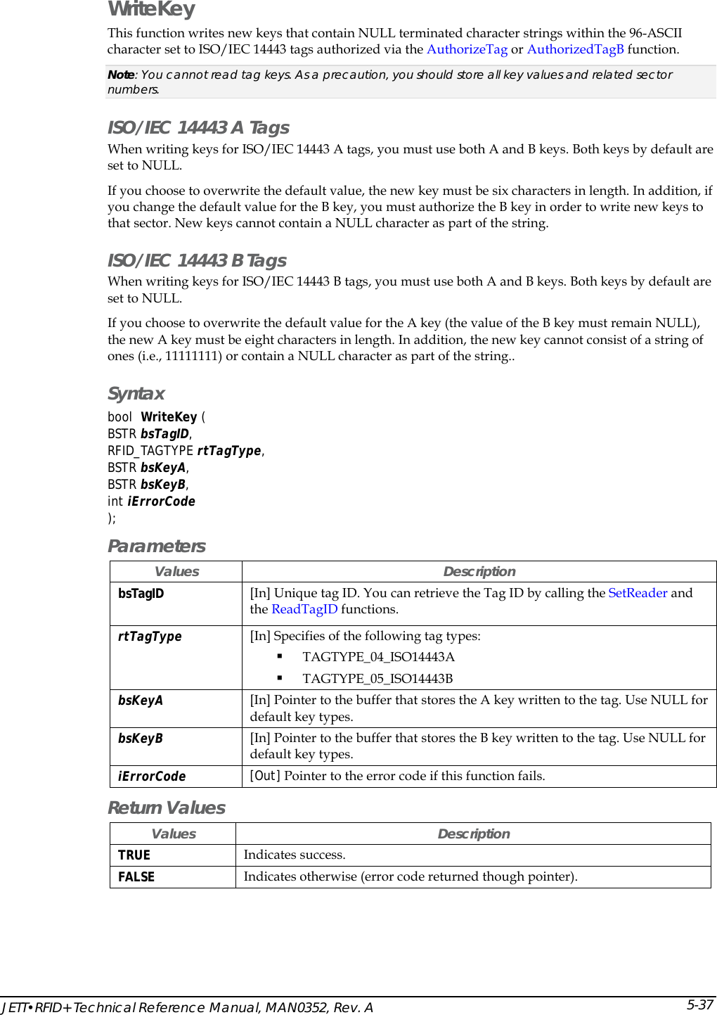  JETT&bull;RFID+ Technical Reference Manual, MAN0352, Rev. A 5-37 WriteKey This function writes new keys that contain NULL terminated character strings within the 96-ASCII character set to ISO/IEC 14443 tags authorized via the AuthorizeTag or AuthorizedTagB function.  Note: You cannot read tag keys. As a precaution, you should store all key values and related sector numbers. ISO/IEC 14443 A Tags When writing keys for ISO/IEC 14443 A tags, you must use both A and B keys. Both keys by default are set to NULL.  If you choose to overwrite the default value, the new key must be six characters in length. In addition, if you change the default value for the B key, you must authorize the B key in order to write new keys to that sector. New keys cannot contain a NULL character as part of the string. ISO/IEC 14443 B Tags When writing keys for ISO/IEC 14443 B tags, you must use both A and B keys. Both keys by default are set to NULL.  If you choose to overwrite the default value for the A key (the value of the B key must remain NULL), the new A key must be eight characters in length. In addition, the new key cannot consist of a string of ones (i.e., 11111111) or contain a NULL character as part of the string.. Syntax bool  WriteKey (  BSTR bsTagID, RFID_TAGTYPE rtTagType, BSTR bsKeyA, BSTR bsKeyB, int iErrorCode ); Parameters Values Description bsTagID  [In] Unique tag ID. You can retrieve the Tag ID by calling the SetReader and the ReadTagID functions. rtTagType  [In] Specifies of the following tag types:  TAGTYPE_04_ISO14443A    TAGTYPE_05_ISO14443B bsKeyA  [In] Pointer to the buffer that stores the A key written to the tag. Use NULL for default key types. bsKeyB  [In] Pointer to the buffer that stores the B key written to the tag. Use NULL for default key types. iErrorCode  [Out] Pointer to the error code if this function fails.  Return Values Values Description TRUE  Indicates success. FALSE  Indicates otherwise (error code returned though pointer). 